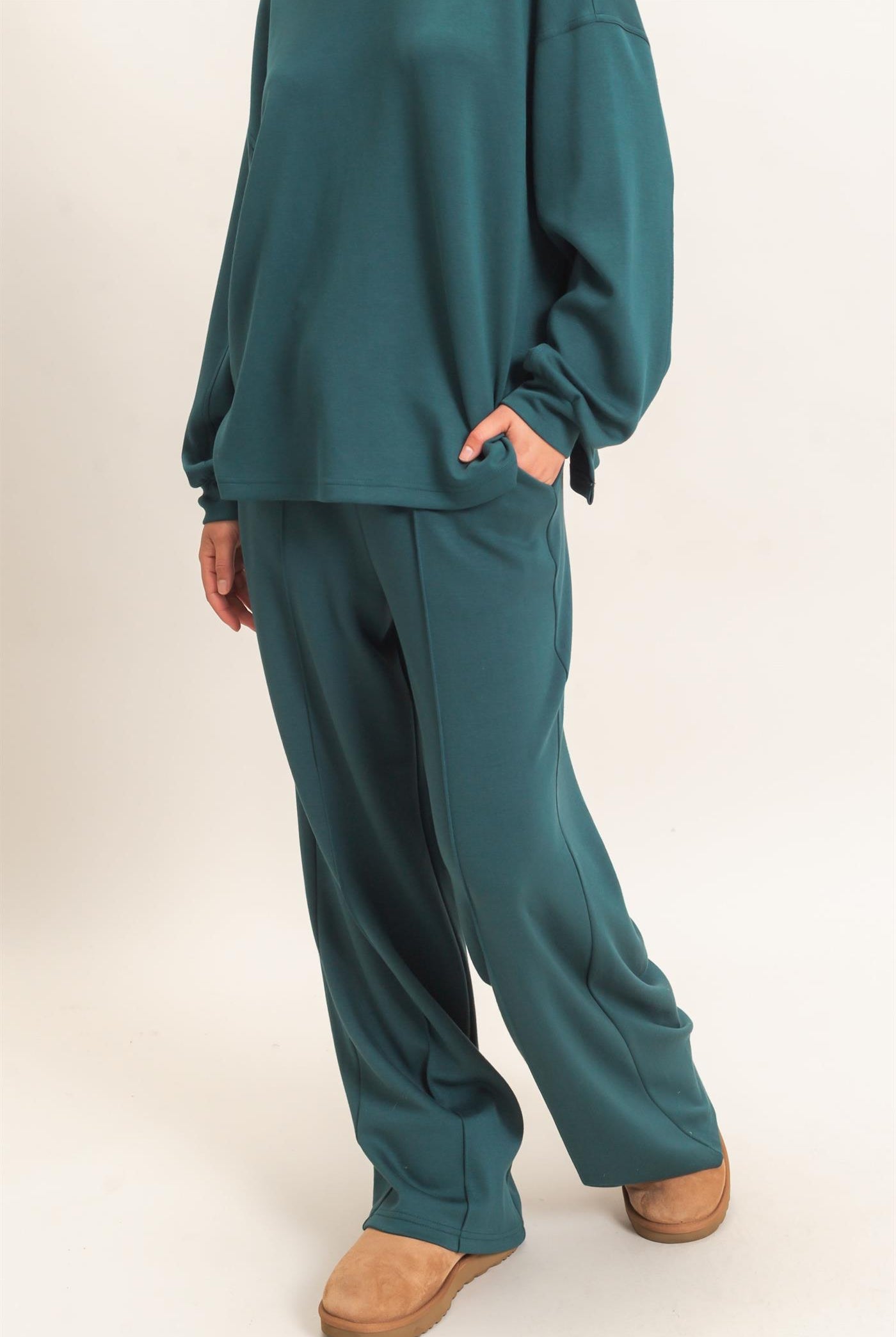 Wholesale Drawstring Waist Pintuck Wide Leg Pants Pants DZ26E384 DEEP GREEN HYFVE