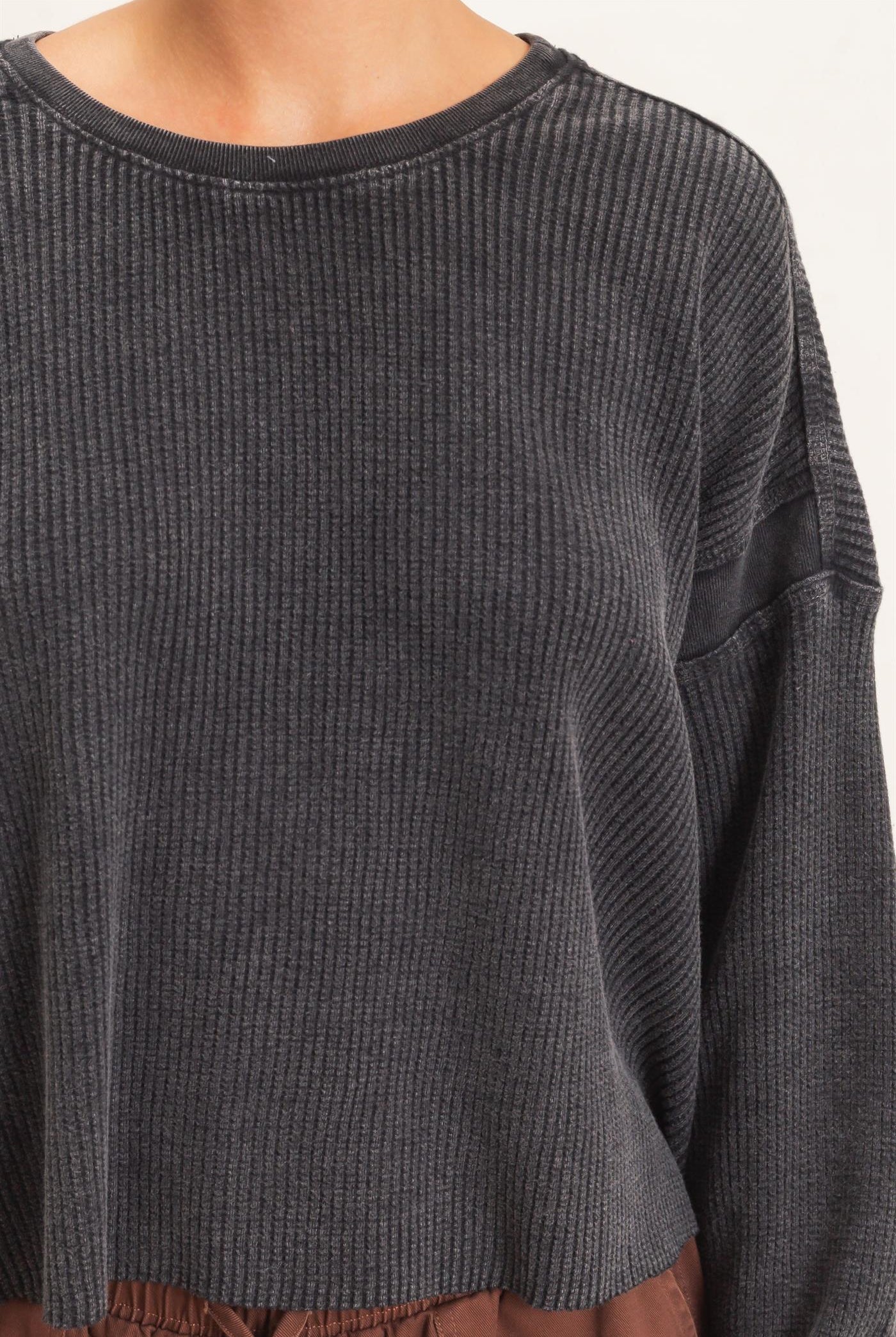 Wholesale Mineral Wash Waffle Open Back Top Clothing Tops DZ26C964 BLACK DOUBLE ZERO