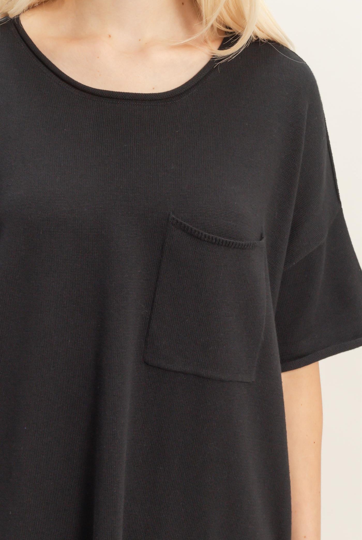 Wholesale Oversized Short Sleeve Round Neck Pocket Knit Top Clothing Tops DZ26A691 BLACK DOUBLE ZERO