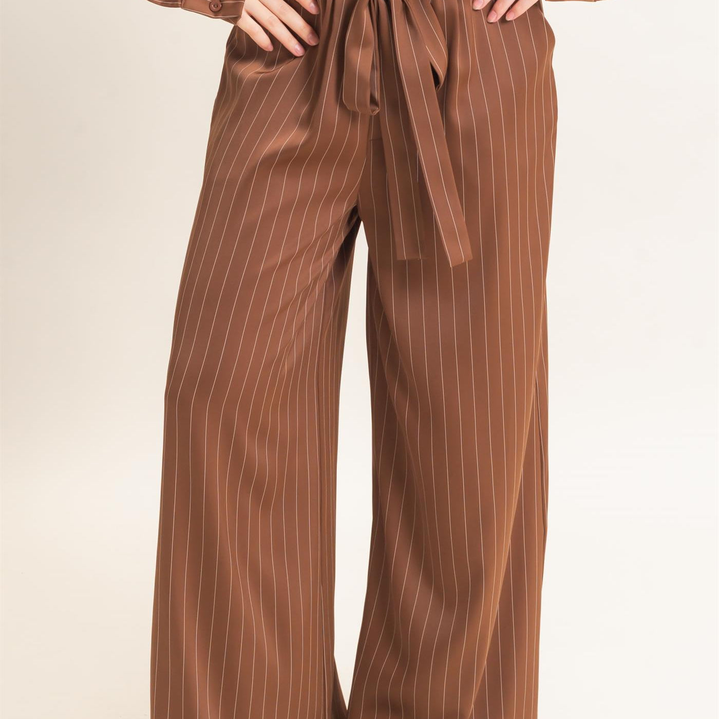 Wholesale Pinstripe Wide-Leg Pants Pants HF25F030 CHOCOLATE HYFVE