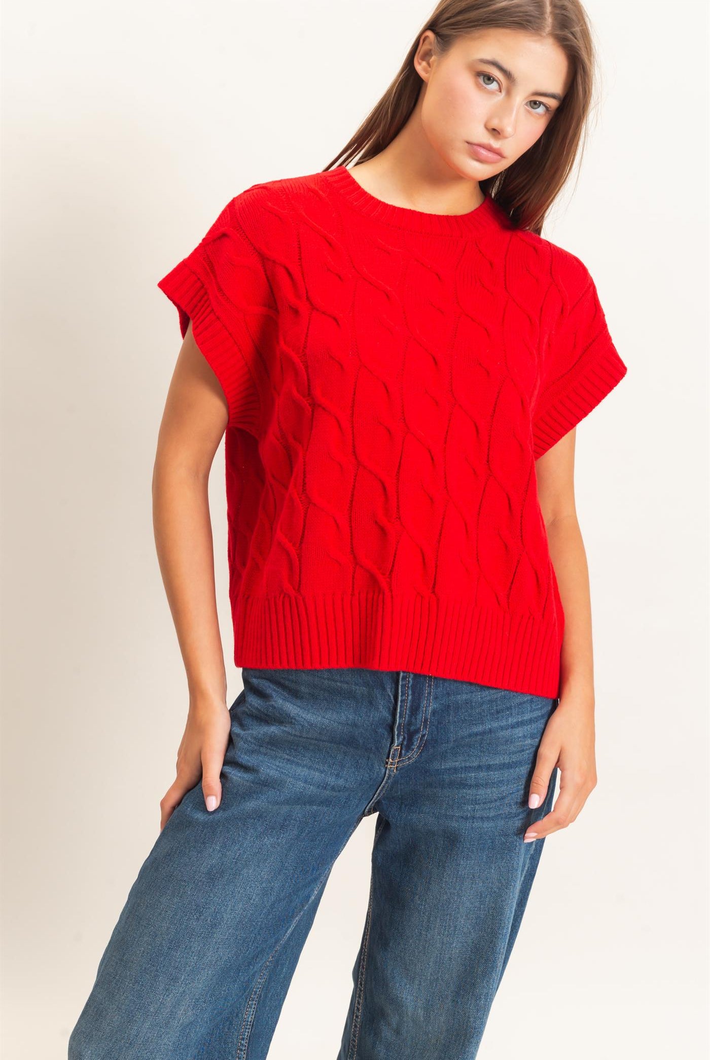 Wholesale Cable Knit Cap Sleeve Sweater Sweaters DZ26C974 RED DOUBLE ZERO
