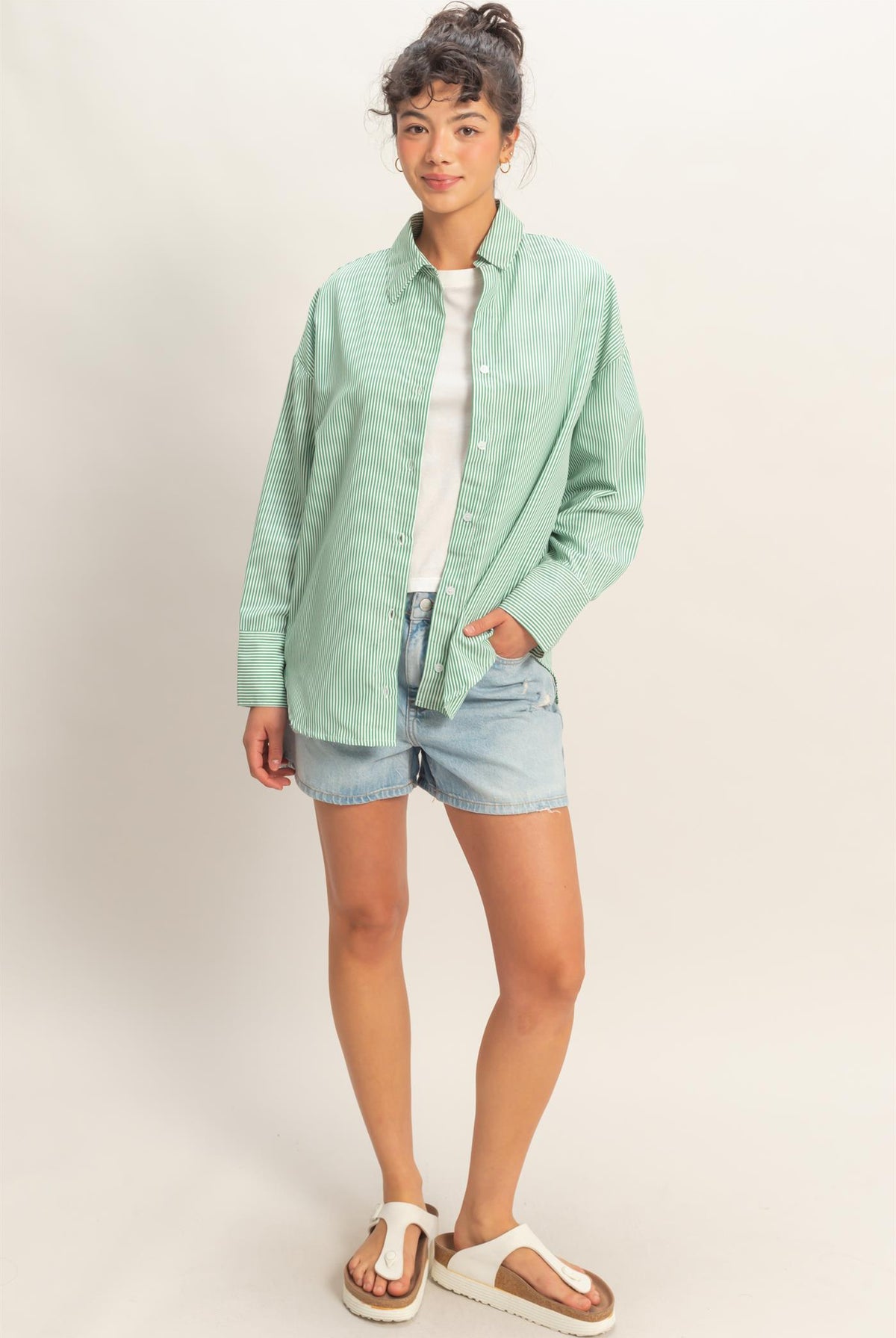 Wholesale Striped Button-Up Shirt Shirts DZ26A737 GREEN DOUBLE ZERO