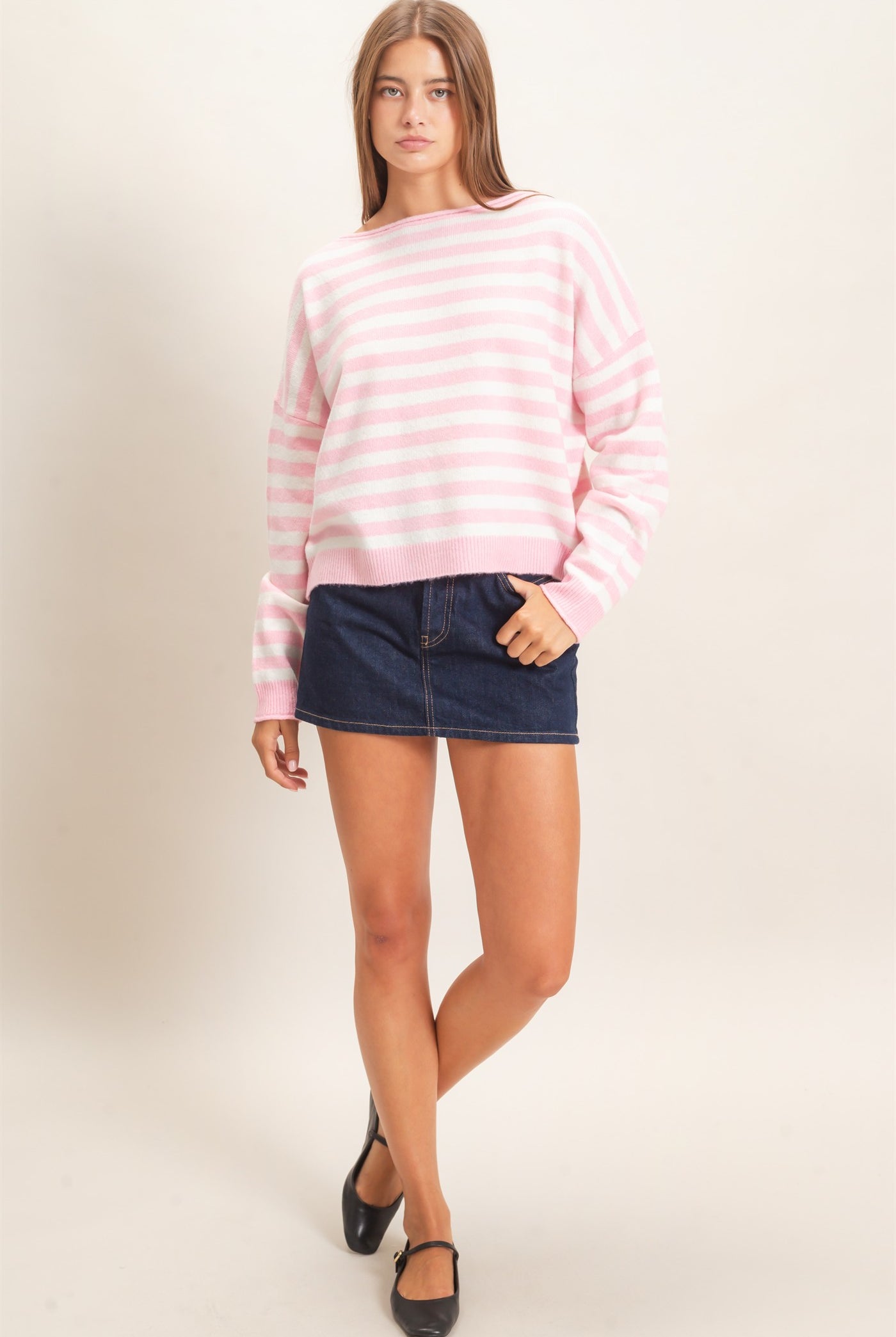 Wholesale Off The Shoulder Striped Sweater Sweaters DZ26E653 PINK DOUBLE ZERO
