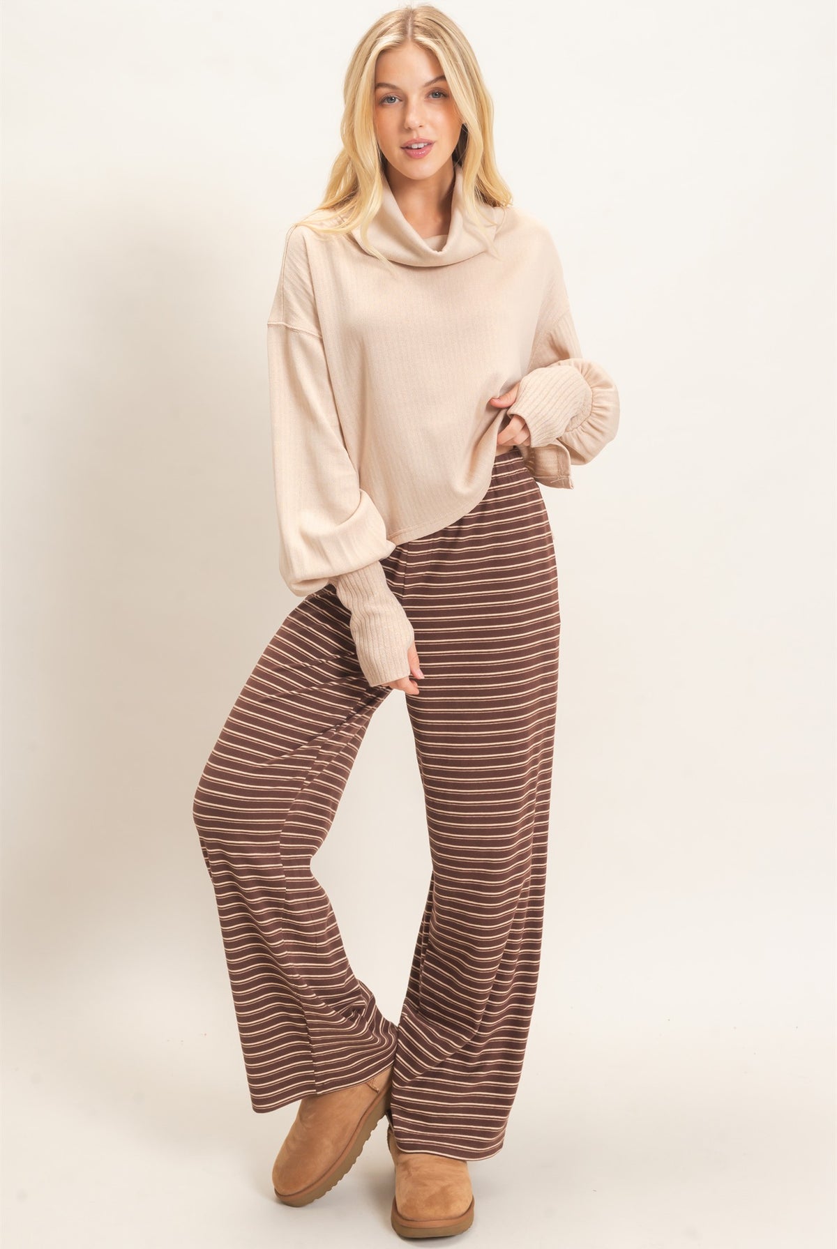 Wholesale Striped Elastic Waist Pants Pants HF26C677 BROWN HYFVE
