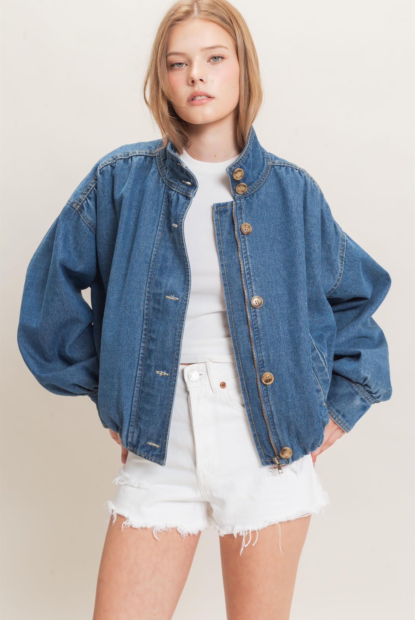 Wholesale High Collar Denim Bomber Jacket Coats & Jackets HF26E090-D LIGHT DENIM HYFVE