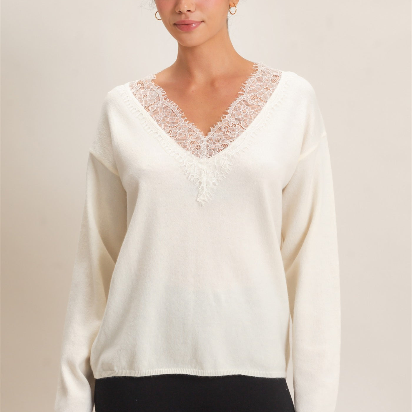Wholesale Lace Trim V-Neck Sweater Sweaters DZ26E327 CREAM DOUBLE ZERO