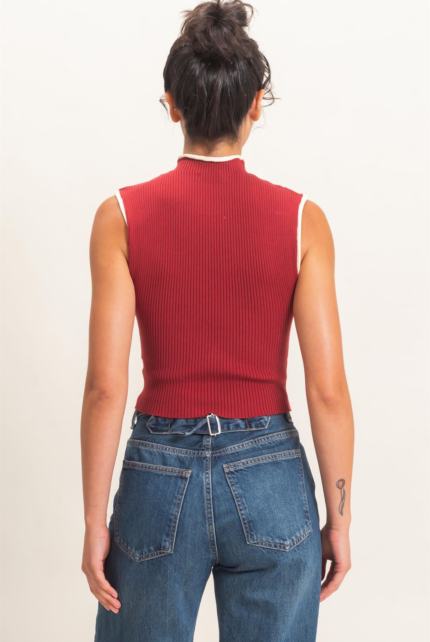 Wholesale Ribbed Mock Neck Sleeveless Top Clothing Tops DZ26E777 DARK RED DOUBLE ZERO