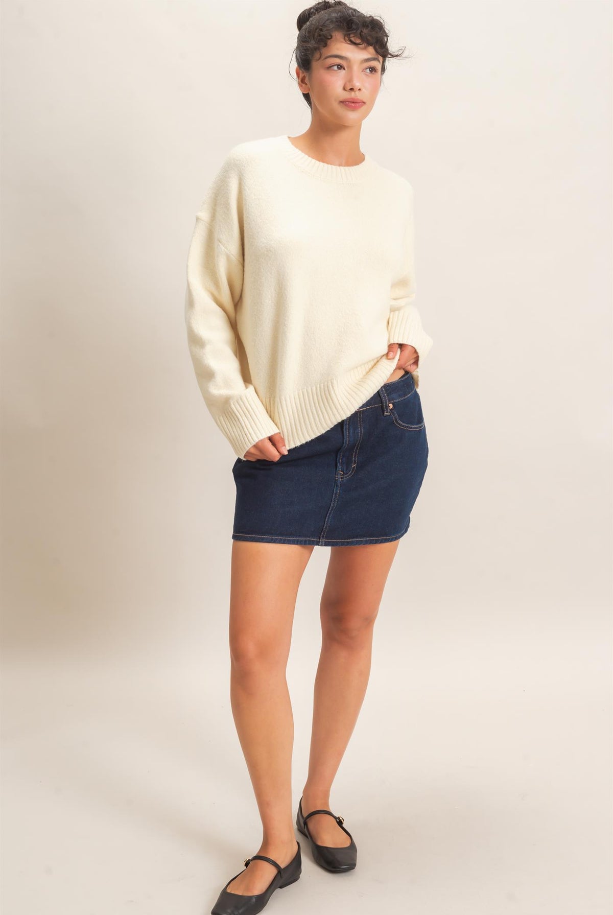 Wholesale Relaxed Fit Crew Neck Sweater Sweaters DZ26E956 CREAM DOUBLE ZERO