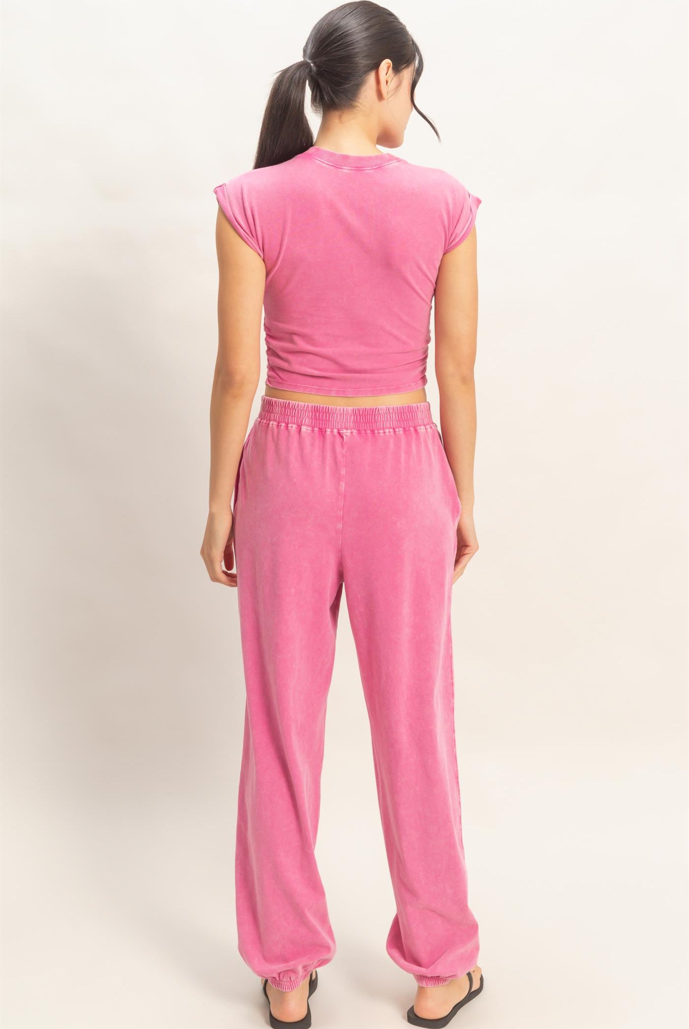 Wholesale Rolled Sleeve Wrap-Front Crop Top And Jogger Set Clothing DZ26A172-SET FUCHSIA DOUBLE ZERO