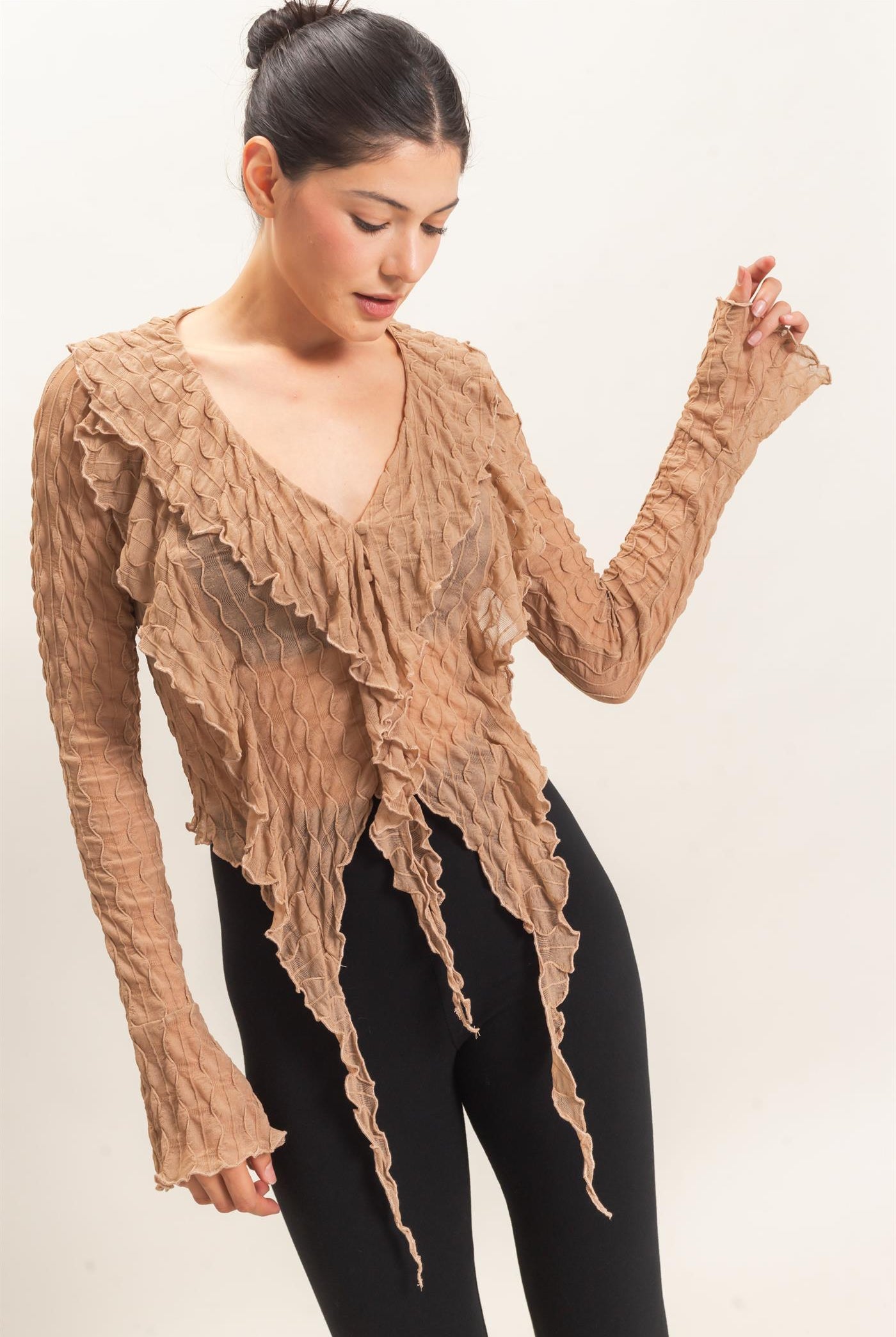 Wholesale Textured V-Neck Tie Front Top Blouses HF26F072 TAN HYFVE