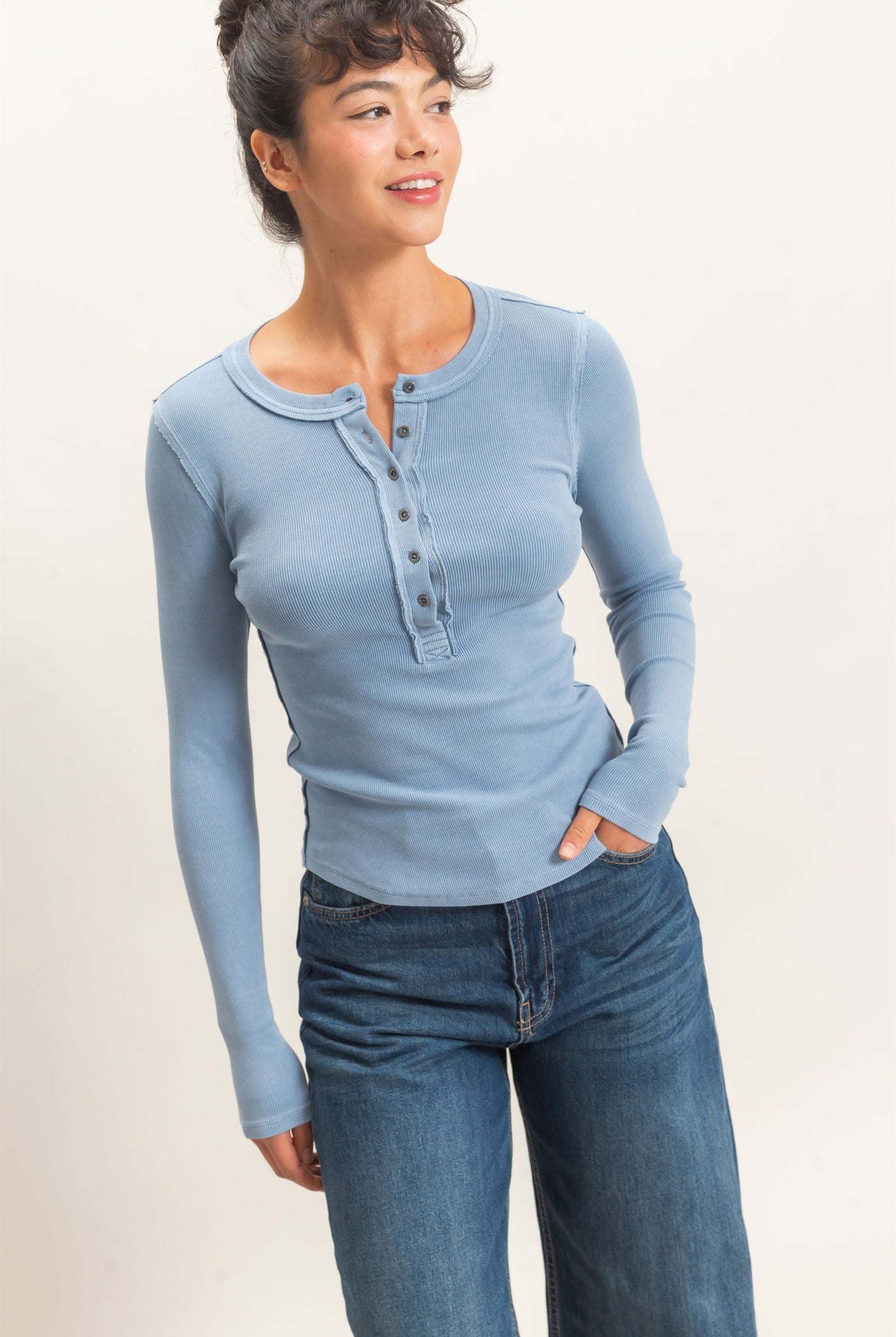 Wholesale Pigment Dye Henley Long Sleeve Top Clothing Tops DZ26C882 DUSTY BLUE DOUBLE ZERO