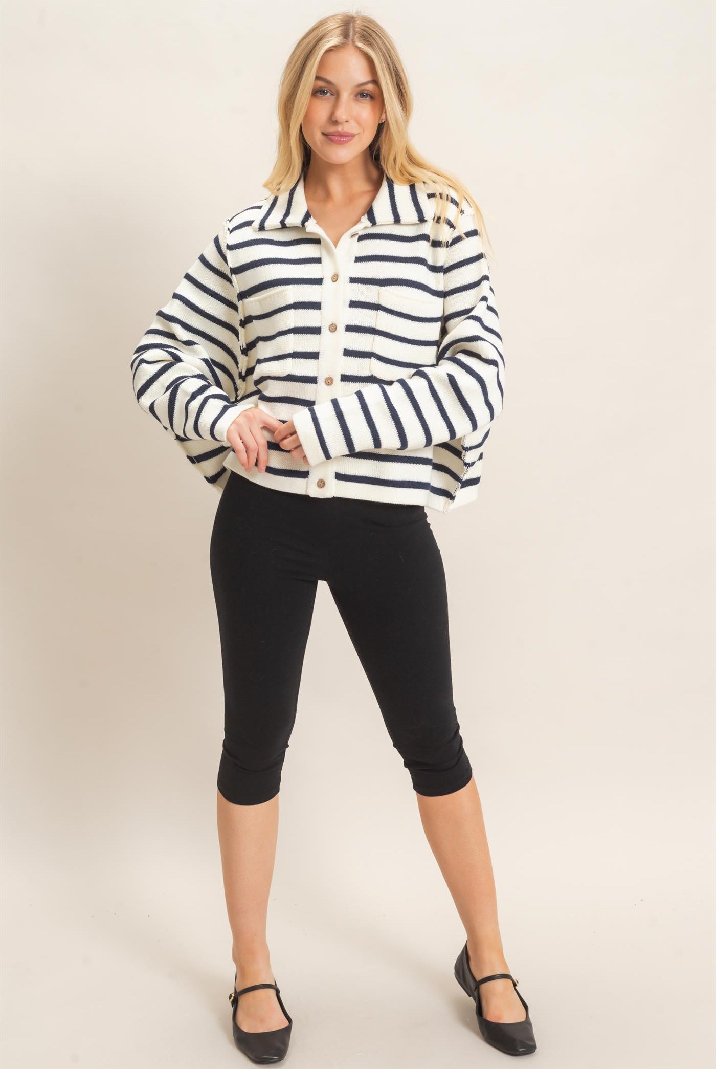 Wholesale Striped Button Front Cardigan Sweaters HF26F197 CREAM HYFVE