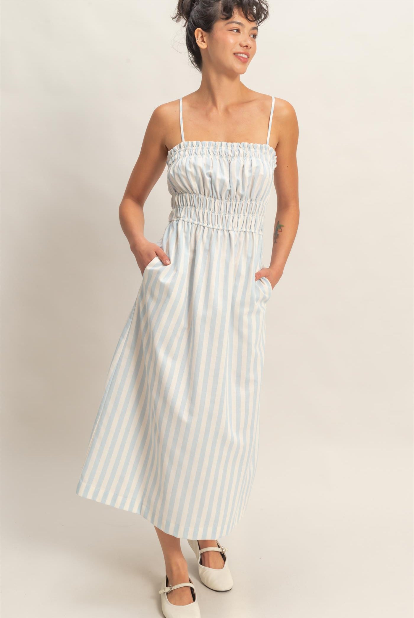 Wholesale Striped Spaghetti Strap Smocking Midi Dress Dresses DZ26C191 BLUE DOUBLE ZERO