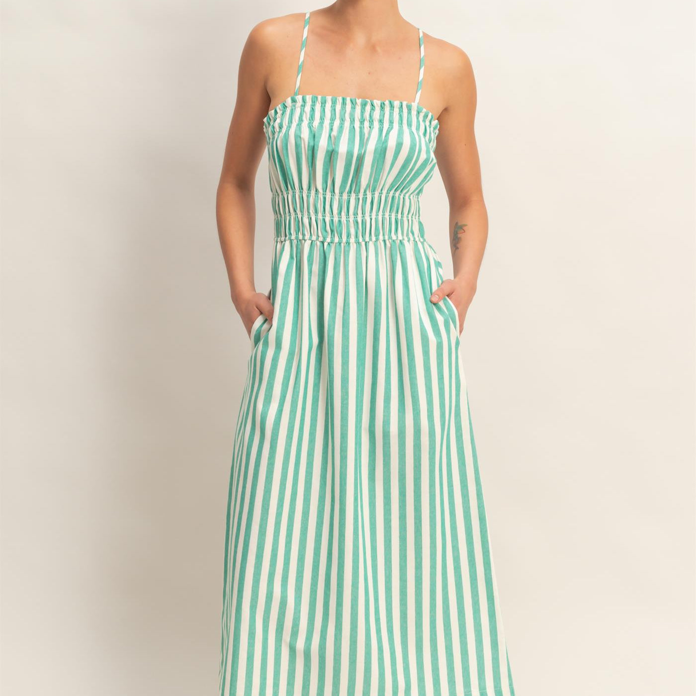 Wholesale Striped Spaghetti Strap Smocking Midi Dress Dresses DZ26C191 GREEN DOUBLE ZERO