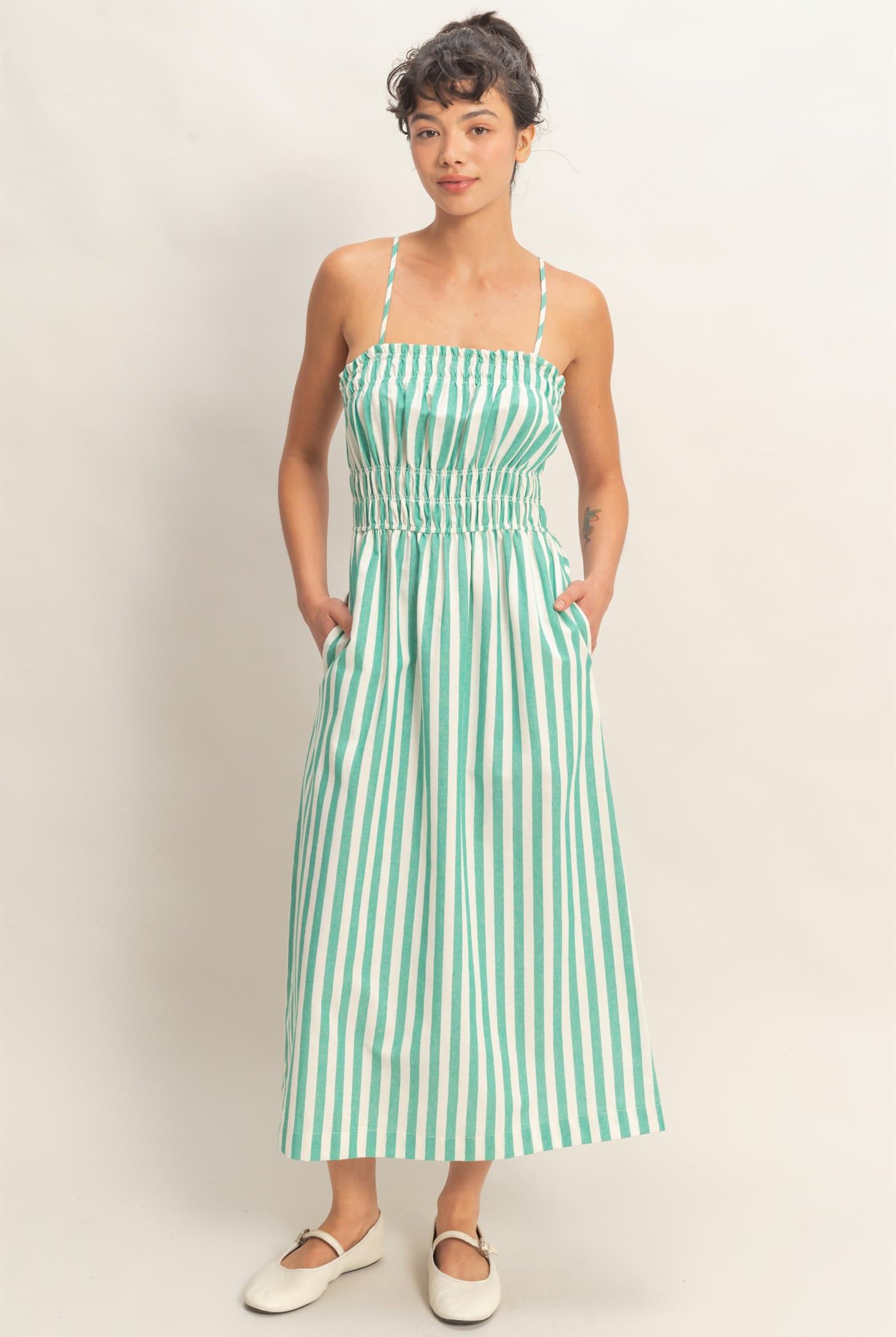 Wholesale Striped Spaghetti Strap Smocking Midi Dress Dresses DZ26C191 GREEN DOUBLE ZERO