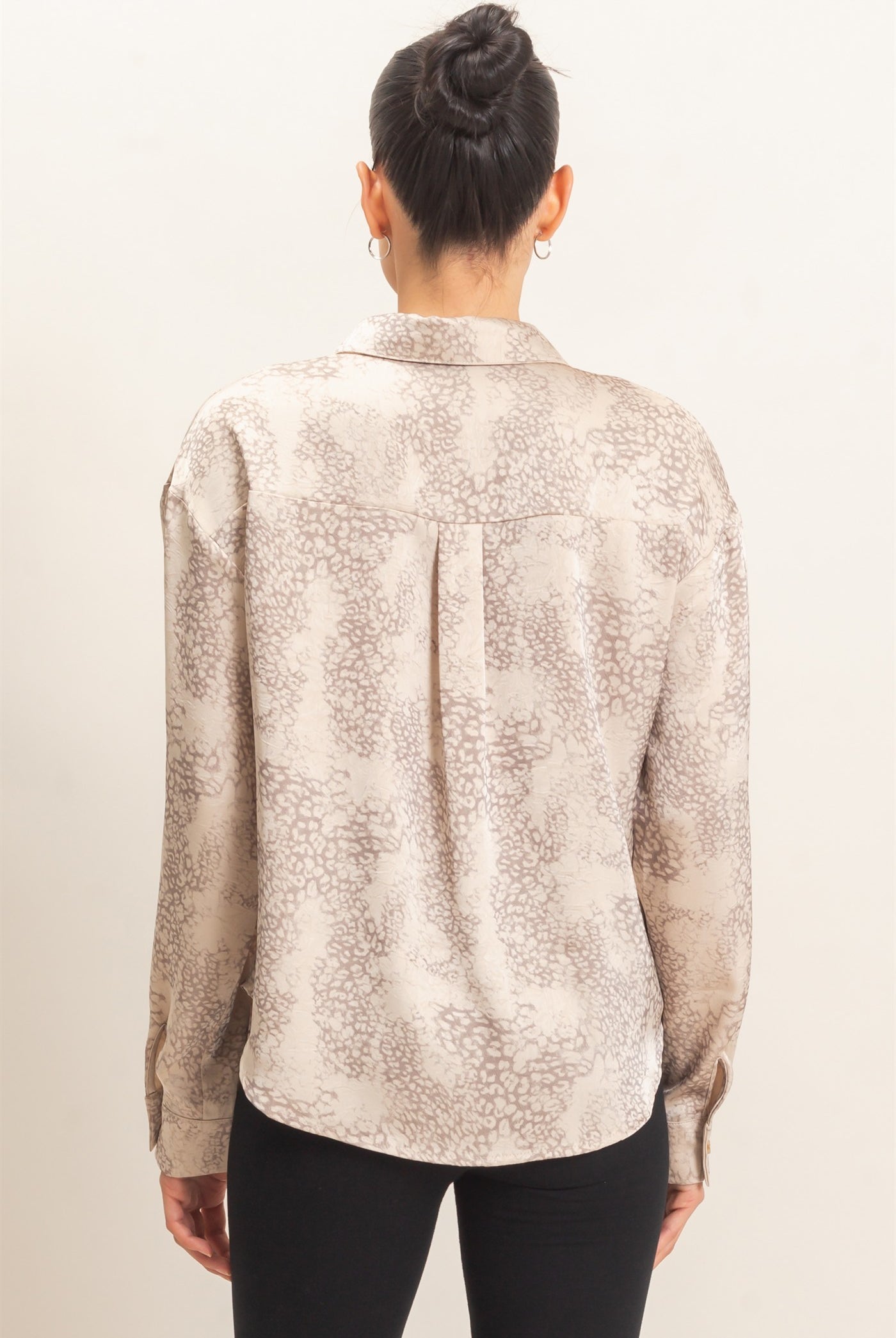 Wholesale Leopard Satin Button-Up Shirt Clothing Tops HF26E159 TAUPE HYFVE