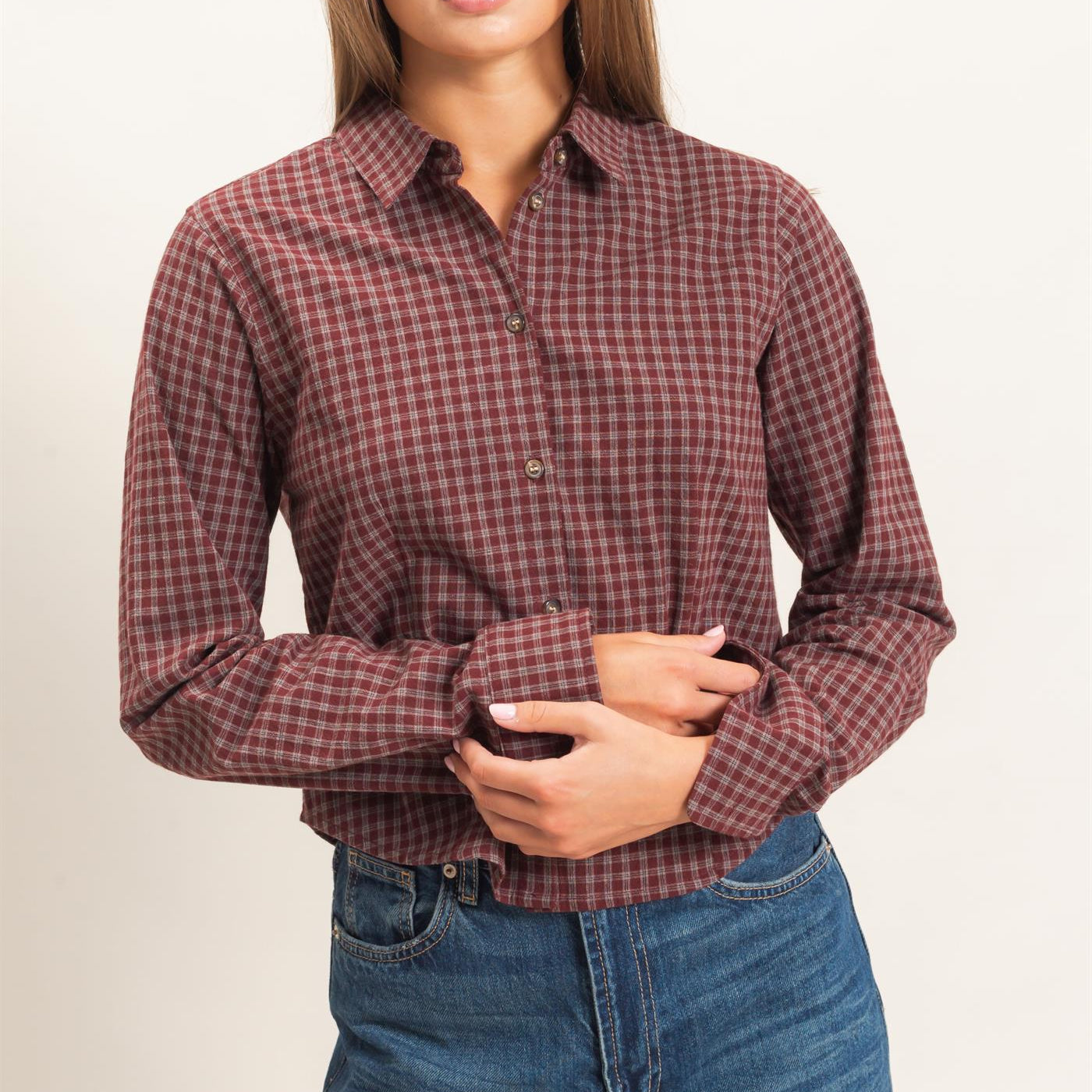 Wholesale Plaid Long Sleeve Shirt Shirts DZ26E910 BURGUNDY DOUBLE ZERO