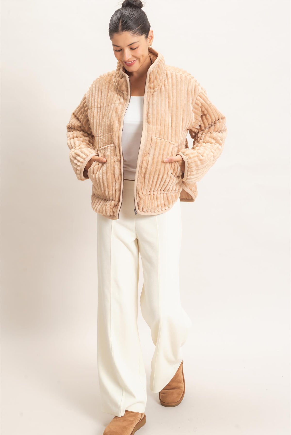 Wholesale Quilted Corduroy Zip-Up Jacket Coats & Jackets HF26E753 BEIGE HYFVE