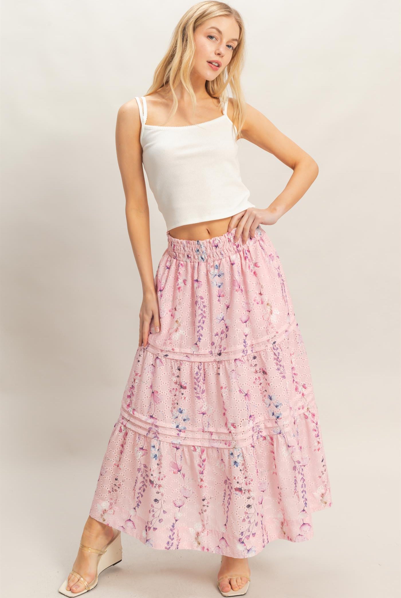 Wholesale Floral Smocked Waist Skirt Skirts HF26A361-D PINK HYFVE