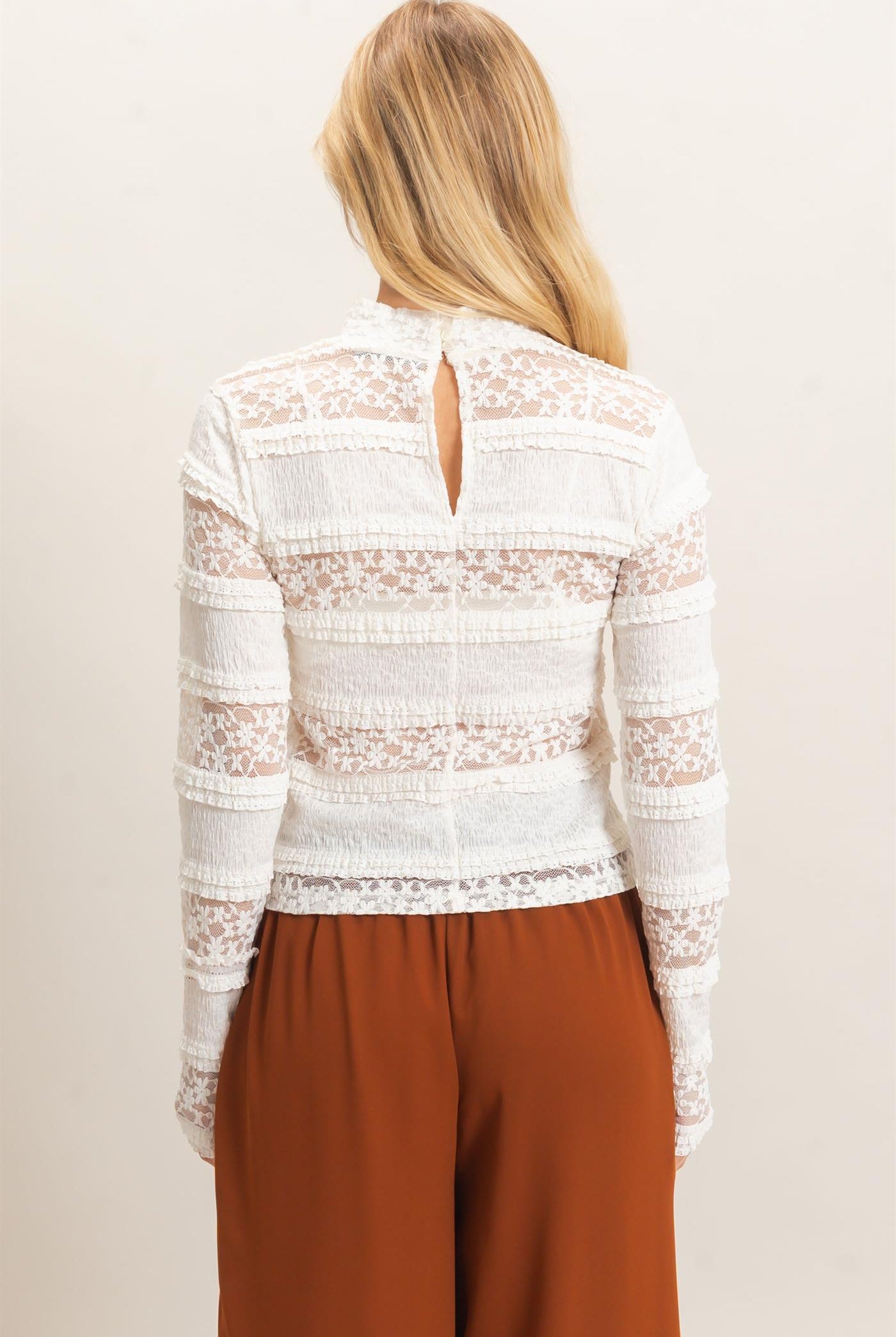 Wholesale Textured Lace High Neck Top Clothing Tops HF26C769 IVORY HYFVE