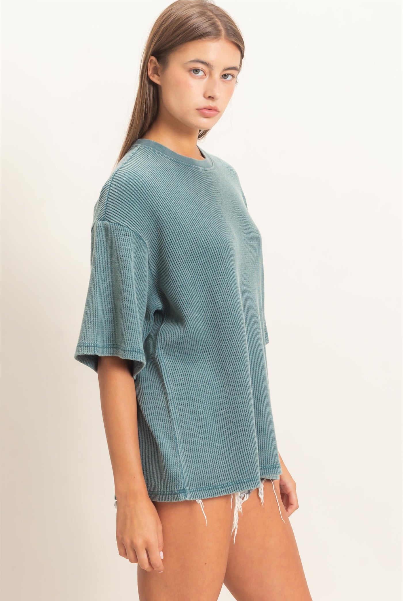 Wholesale Mineral Wash Waffle Crew Neck Short Sleeve Top Clothing Tops DZ26E328 DARK TEAL DOUBLE ZERO