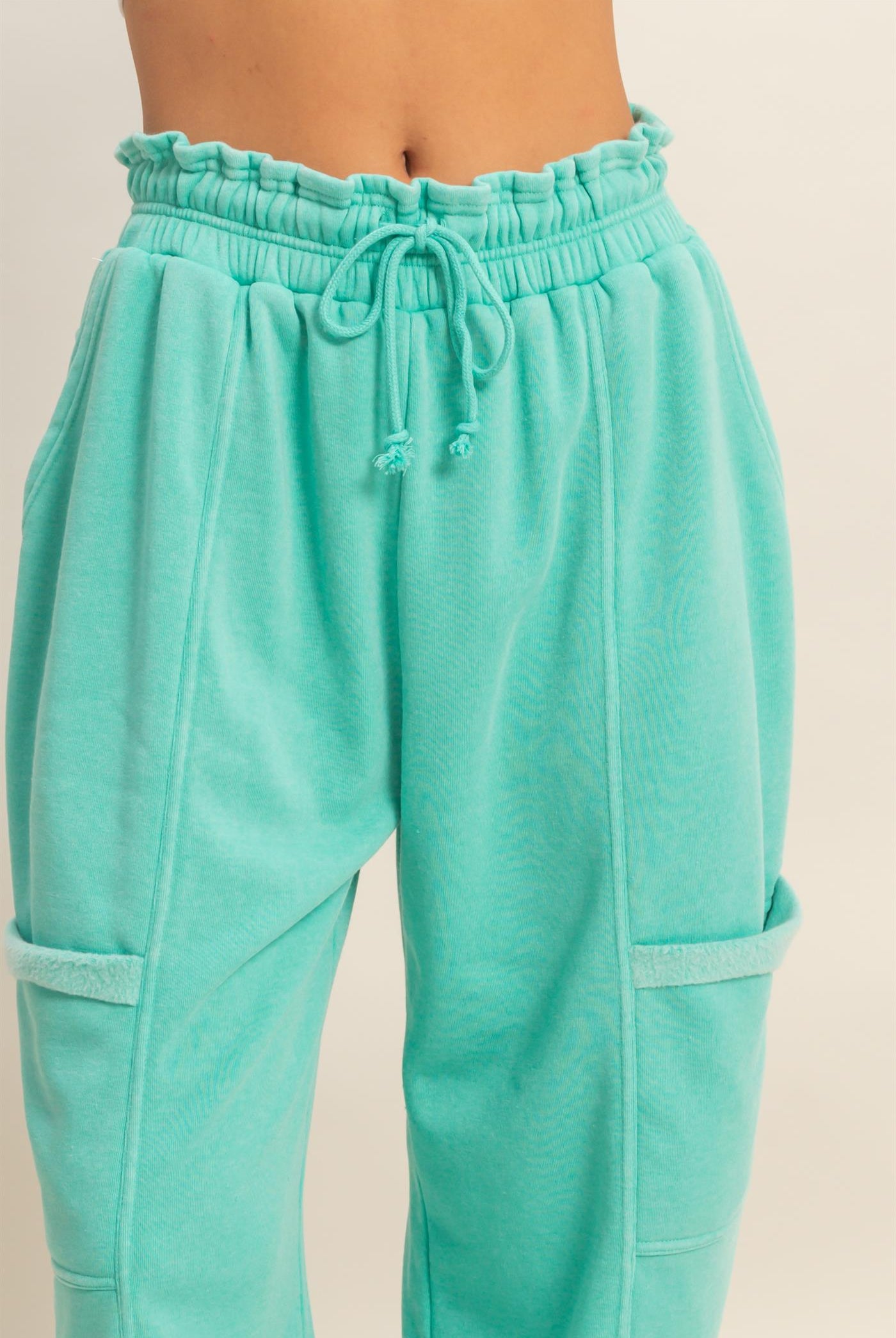 Wholesale Ruffle Waist Burnout Jogger Pants Joggers DZ26A685 TURQUOISE DOUBLE ZERO