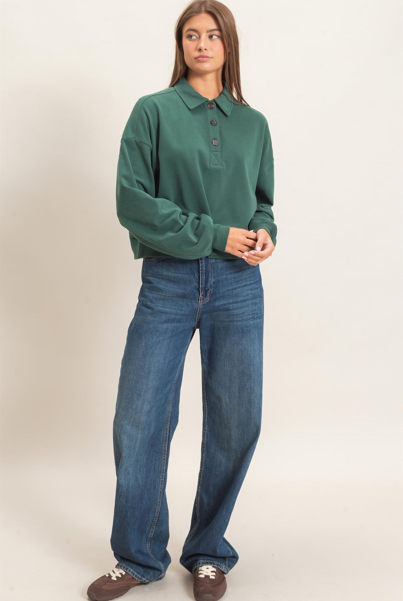 Wholesale Washed Button-Front Collared Sweatshirt Sweatshirts DZ26E390 DARK GREEN DOUBLE ZERO