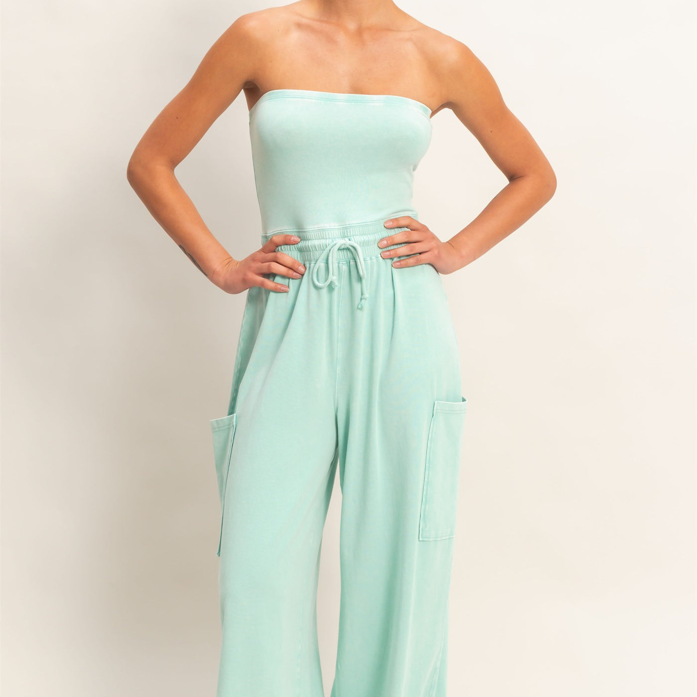 Wholesale Mineral Wash Strapless Wide-Leg Jumpsuit Clothing DZ26C376 TURQUOISE DOUBLE ZERO
