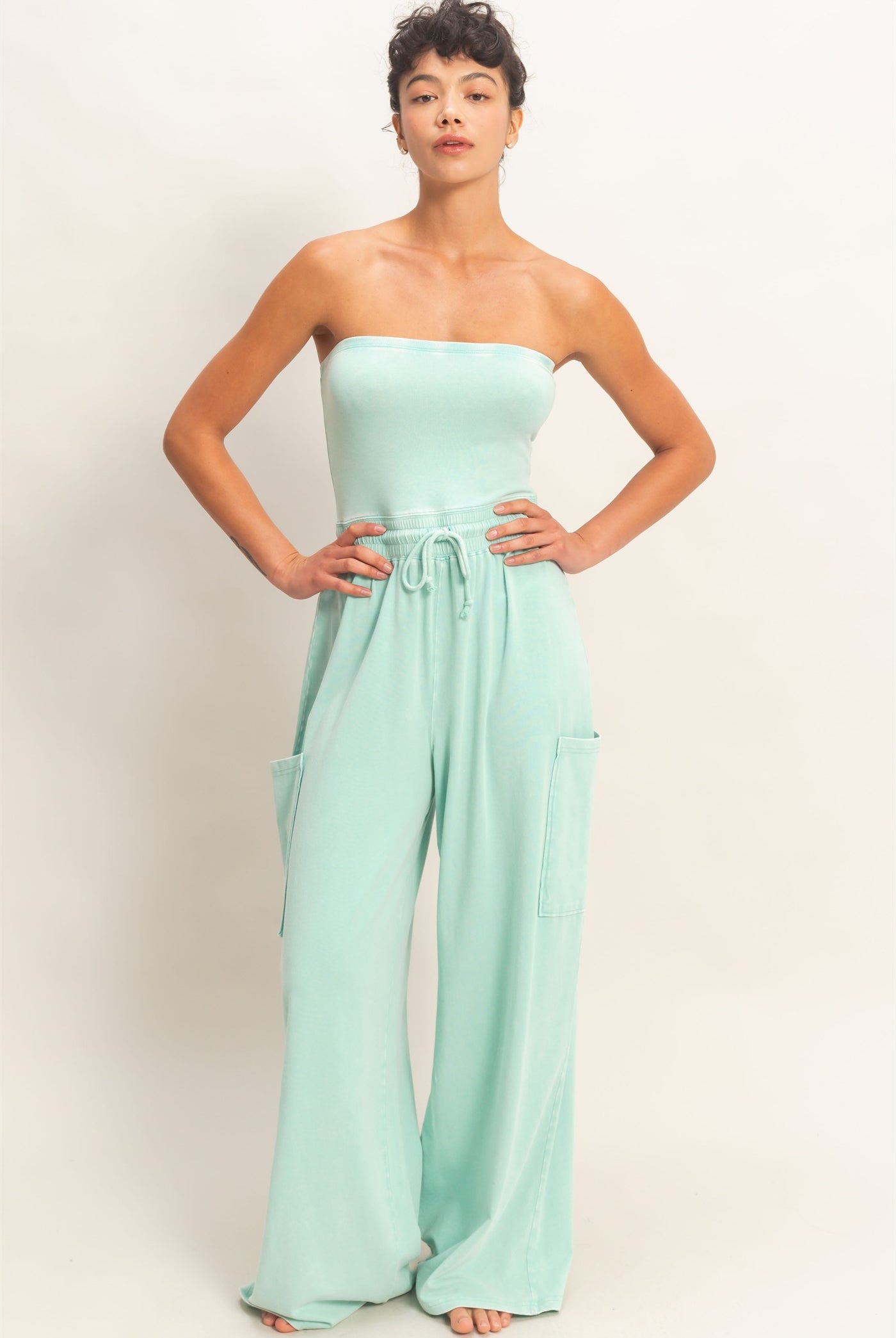 Wholesale Mineral Wash Strapless Wide-Leg Jumpsuit Clothing DZ26C376 TURQUOISE DOUBLE ZERO