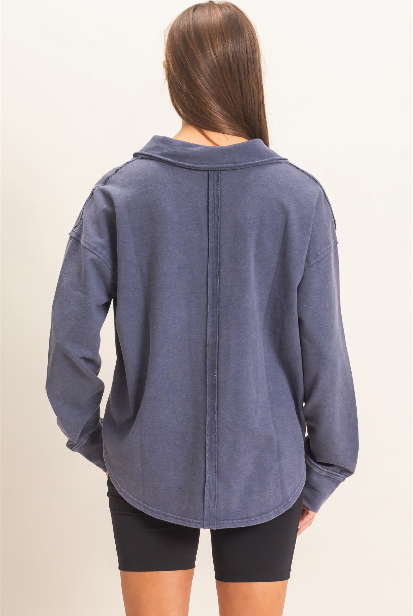 Wholesale Mineral Washed Polo Collar Long Sleeve Top Polos DZ26E887 NAVY DOUBLE ZERO