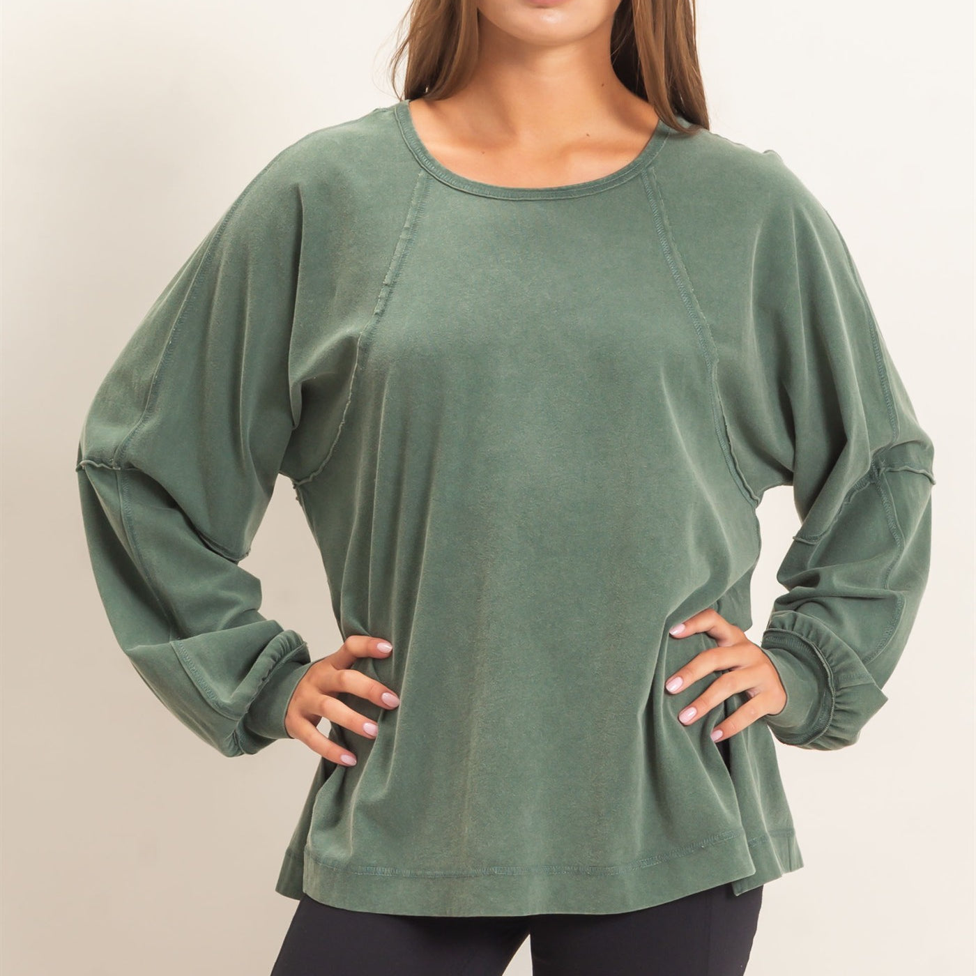 Wholesale Raglan Sleeve Snow Wash Top Shirts DZ26E945 DARK GREEN DOUBLE ZERO
