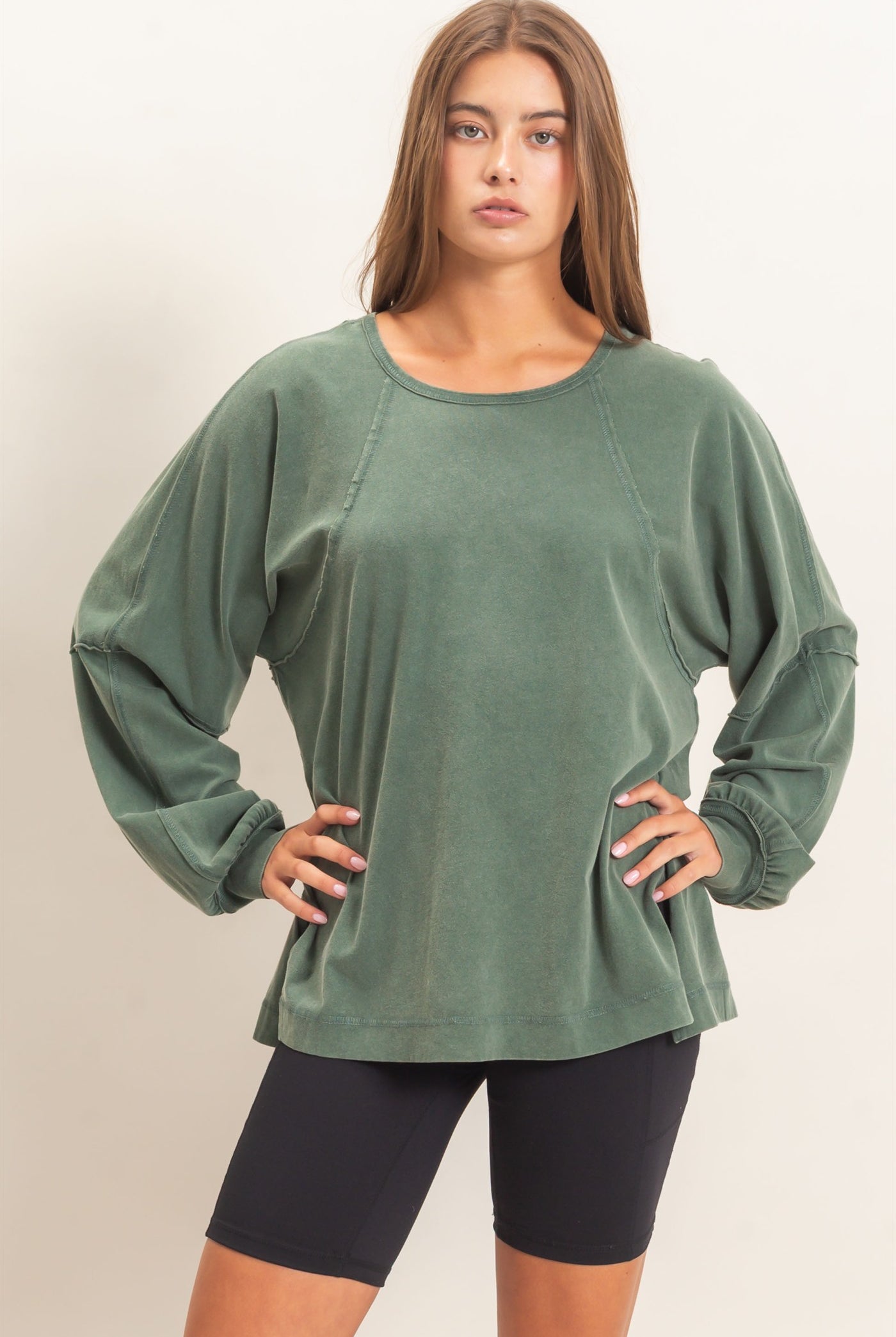 Wholesale Raglan Sleeve Snow Wash Top Shirts DZ26E945 DARK GREEN DOUBLE ZERO