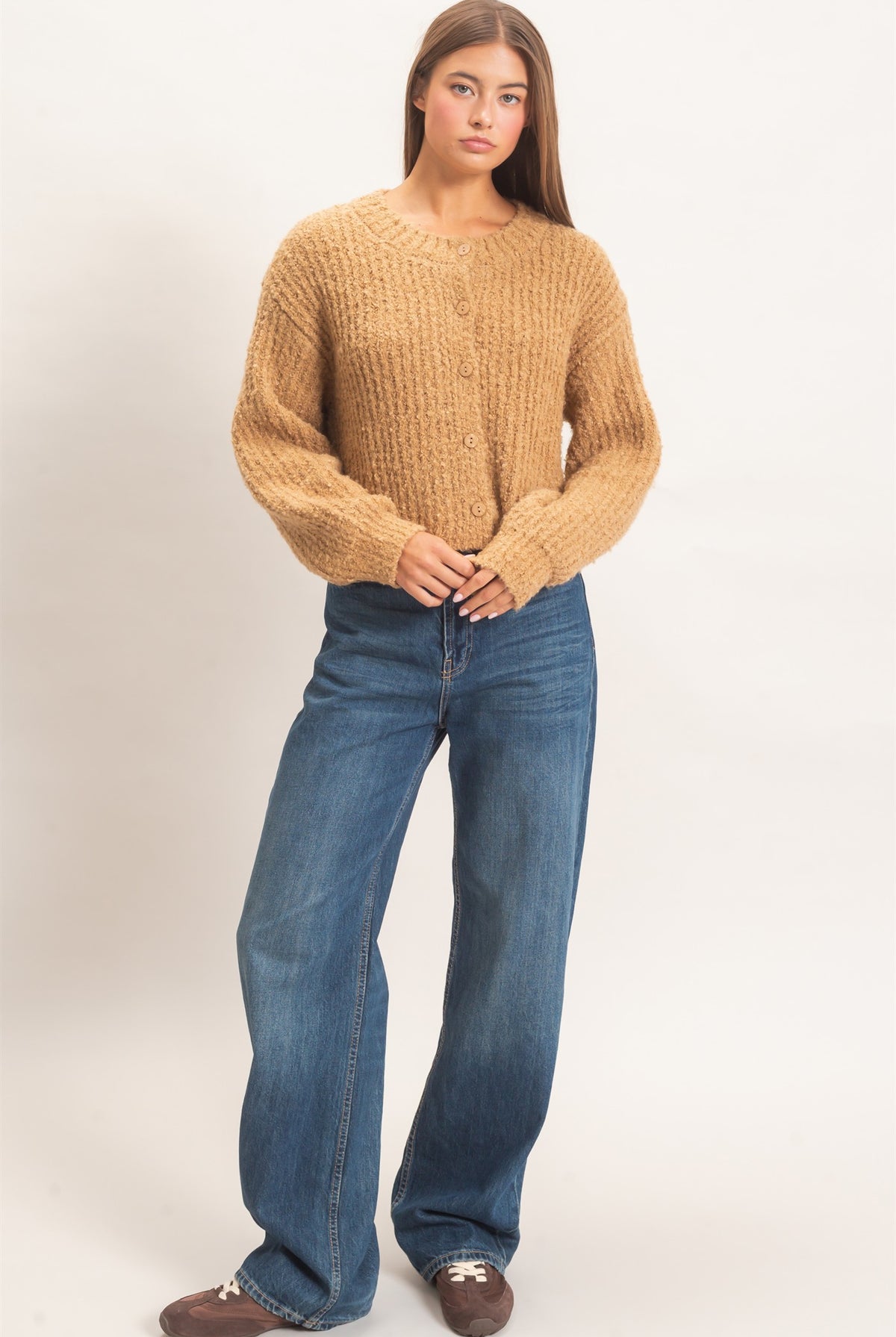 Wholesale Boucle Knit Button Front Cardigan Cardigans DZ26E270 TAUPE DOUBLE ZERO