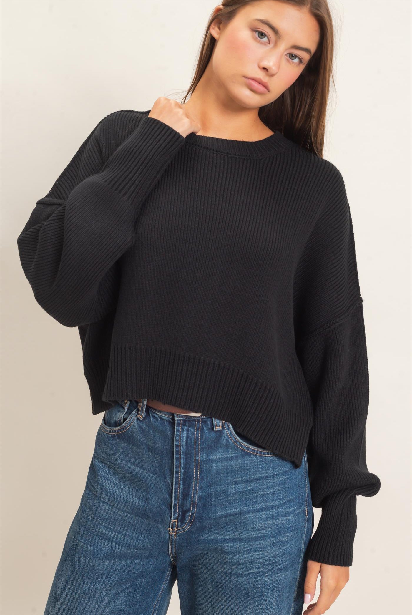Wholesale Ribbed Drop Shoulder Sweater Sweaters DZ26C982 BLACK DOUBLE ZERO