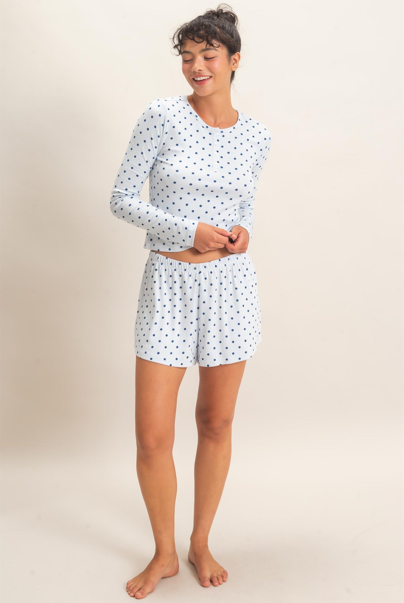 Wholesale Polka Dot Henley Long Sleeve Top & Shorts Set Clothing DZ27A154-SET LIGHT BLUE DOUBLE ZERO