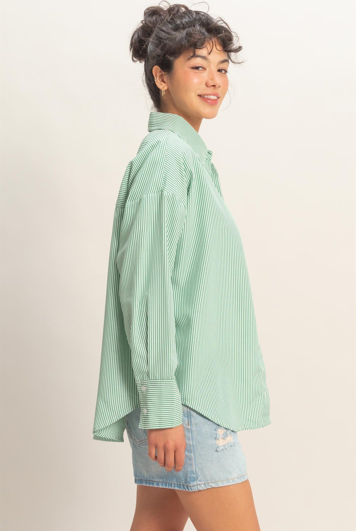 Wholesale Striped Button-Up Shirt Shirts DZ26A737 GREEN DOUBLE ZERO