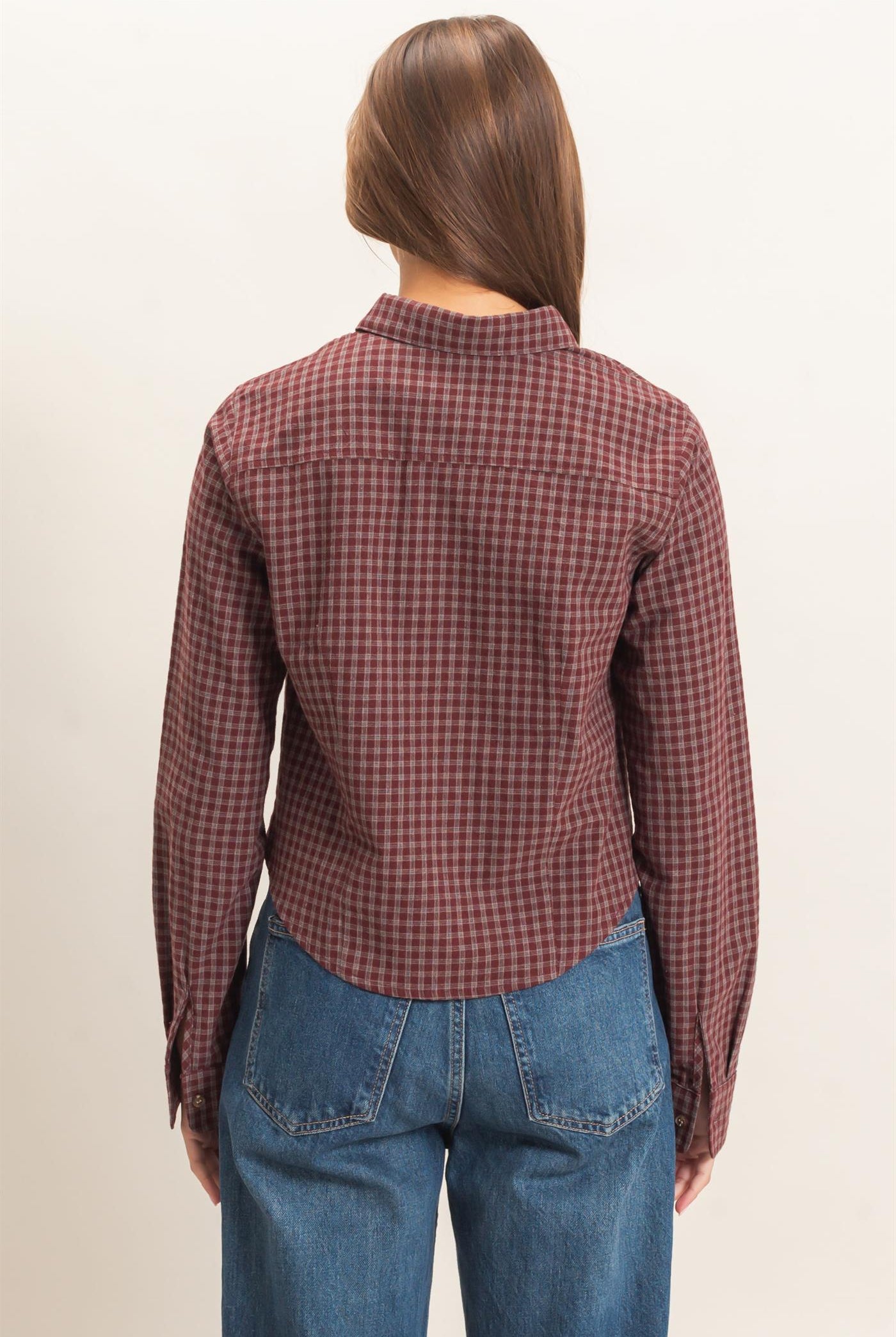 Wholesale Plaid Long Sleeve Shirt Shirts DZ26E910 BURGUNDY DOUBLE ZERO