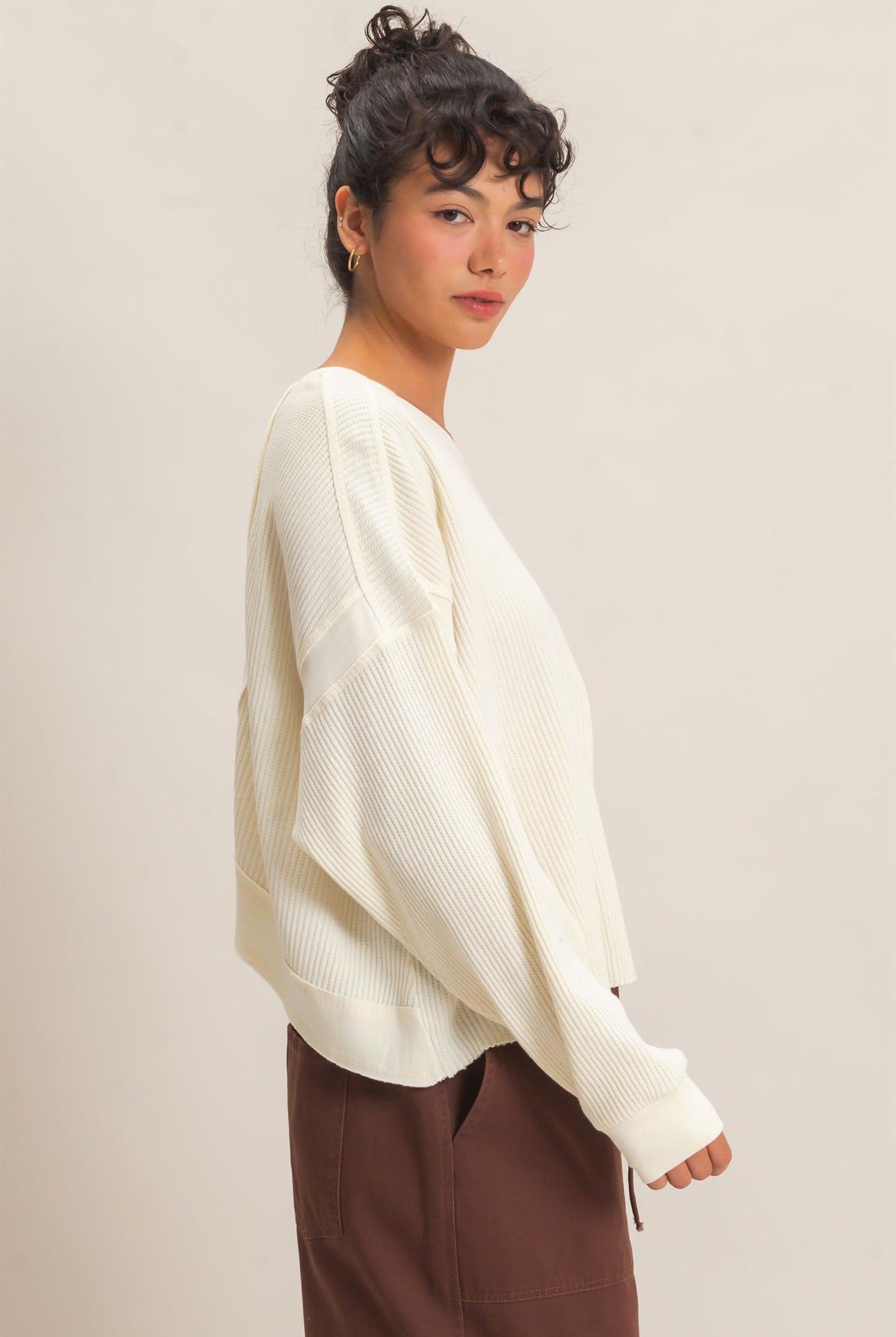 Wholesale Mineral Wash Waffle Open Back Top Clothing Tops DZ26C964 CREAM DOUBLE ZERO