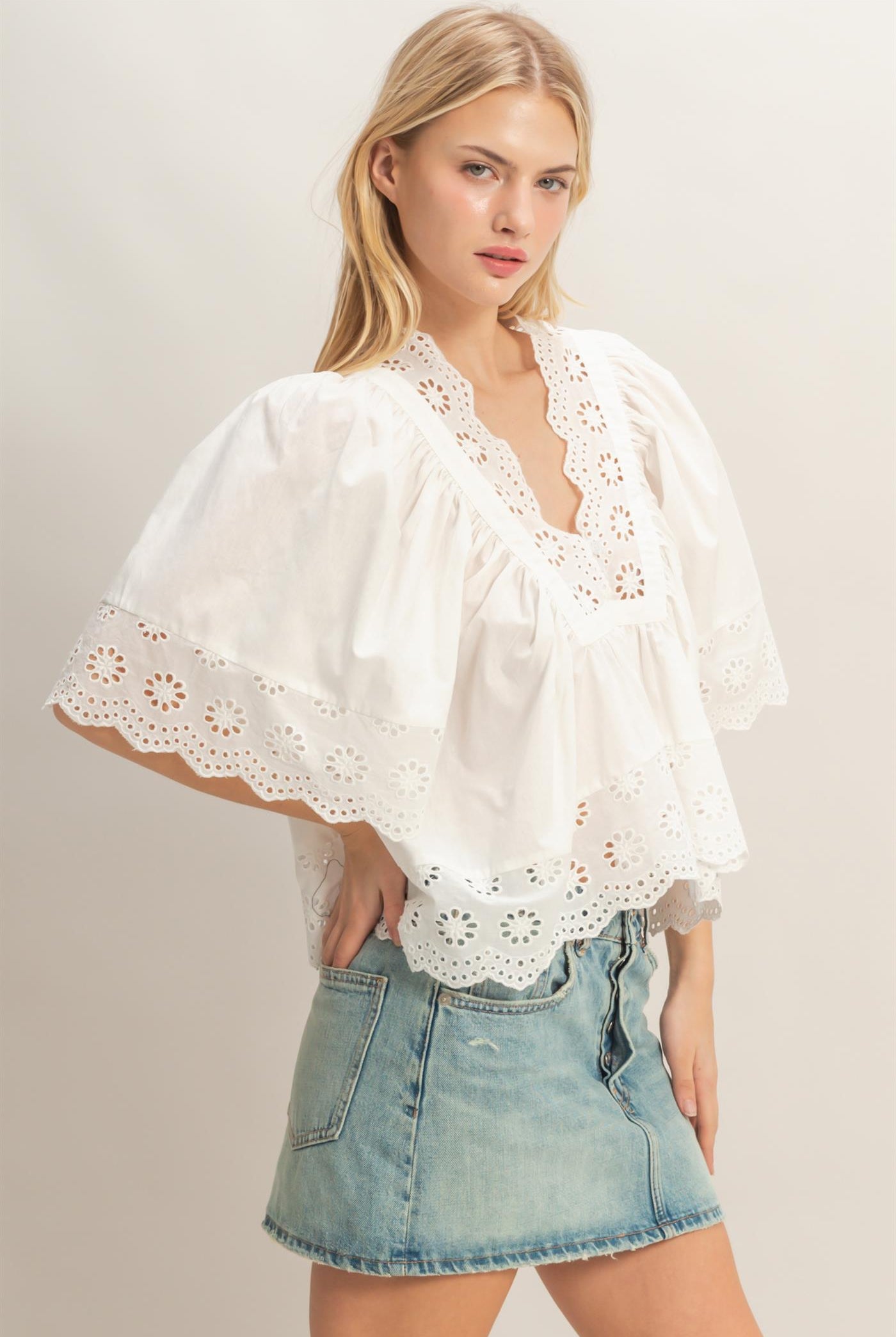 Wholesale Scalloped Eyelet Babydoll Top Clothing Tops HF26C293 WHITE HYFVE