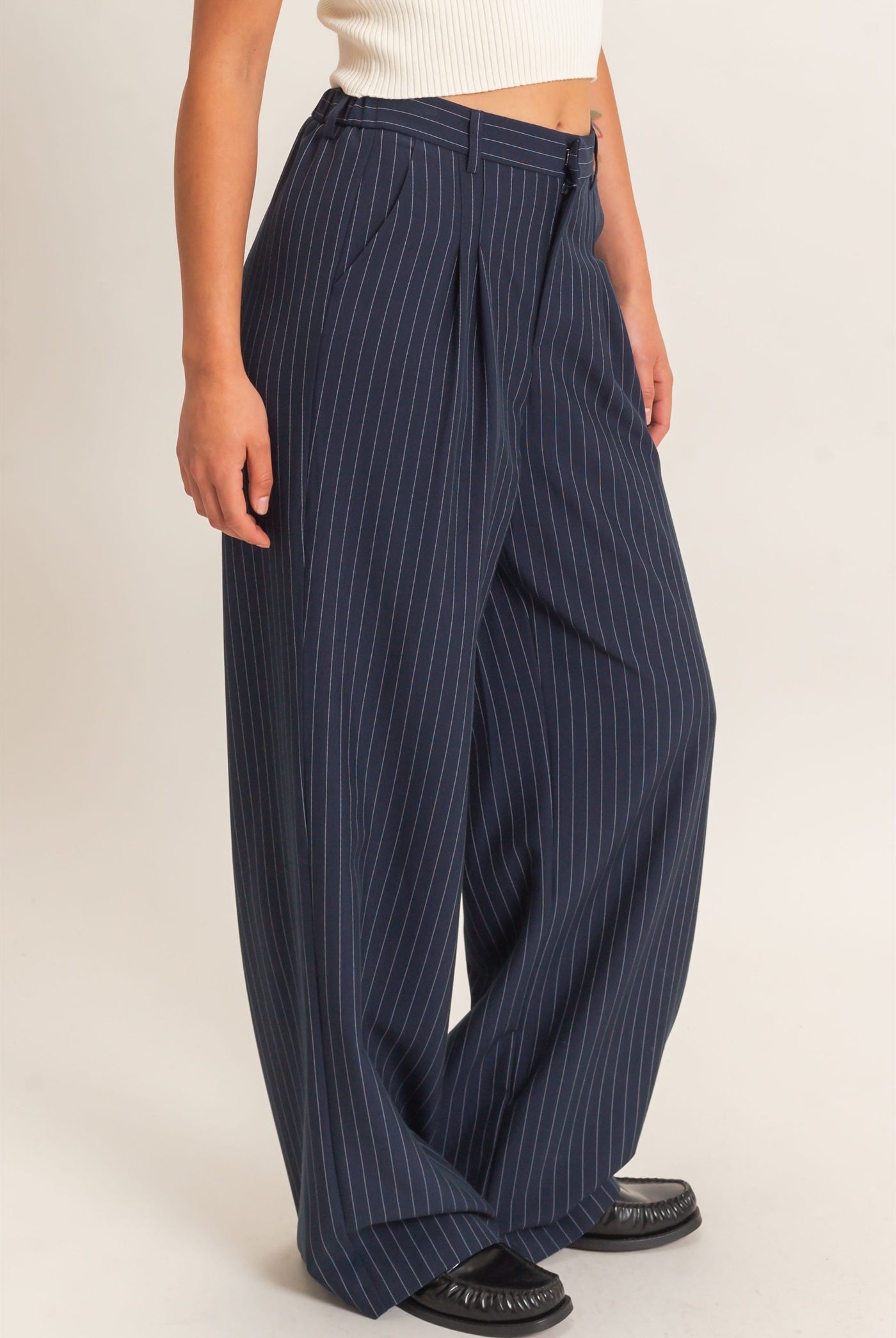 Wholesale Pinstripe Wide-Leg Trousers Pants DZ26E426 NAVY DOUBLE ZERO