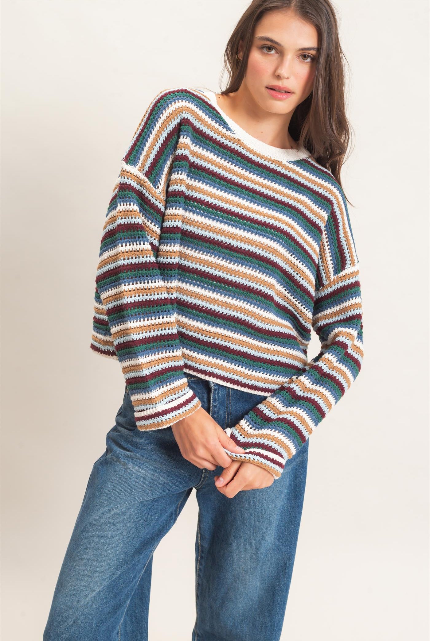 Wholesale Striped Boat Neck Sweater Sweaters HF26E681 ECRU COMBO HYFVE