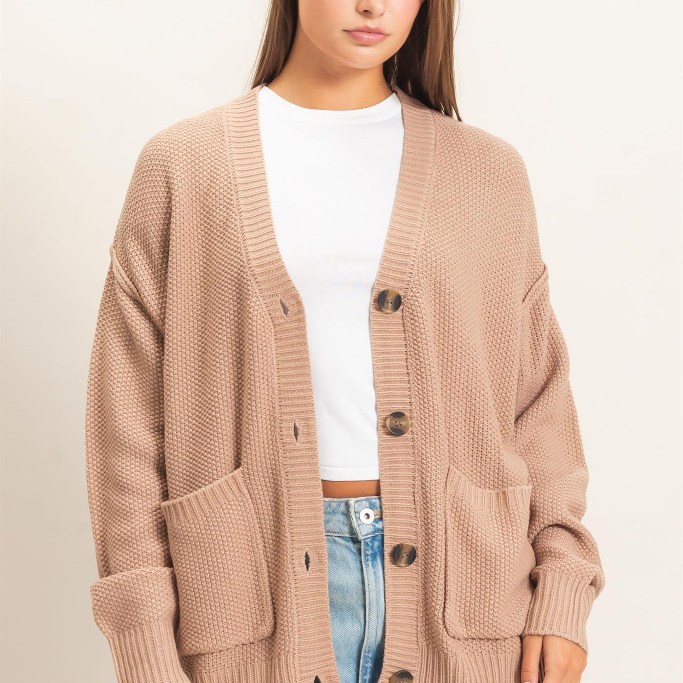 Wholesale Textured Oversized Knit Buttoned Cardigan Cardigans DZ26C971 DARK TAUPE DOUBLE ZERO
