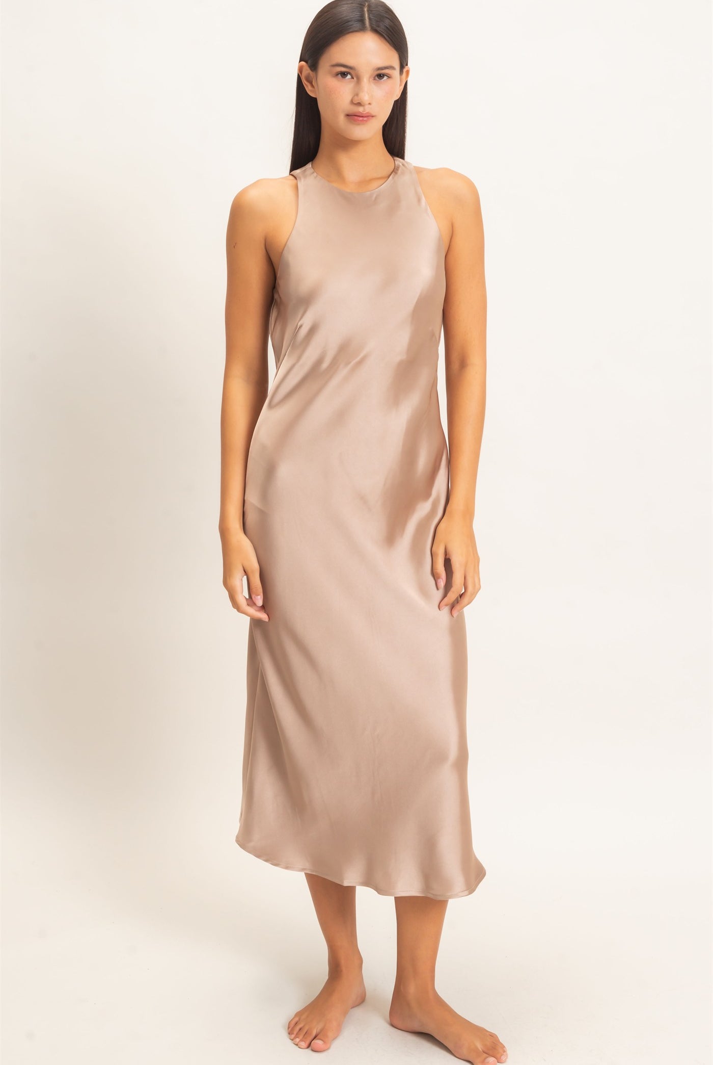 Wholesale Sleeveless Satin Midi Dress Dresses DZ26E257 DARK TAUPE DOUBLE ZERO