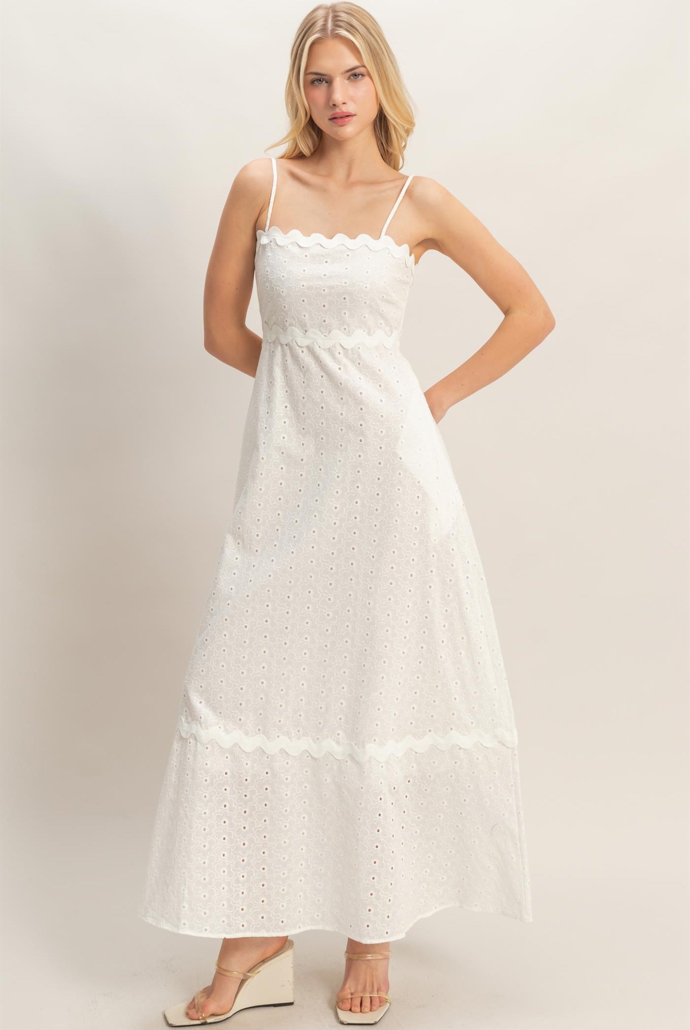 Wholesale Scallop Trim Eyelet Midi Dress Dresses HF26A694 WHITE HYFVE