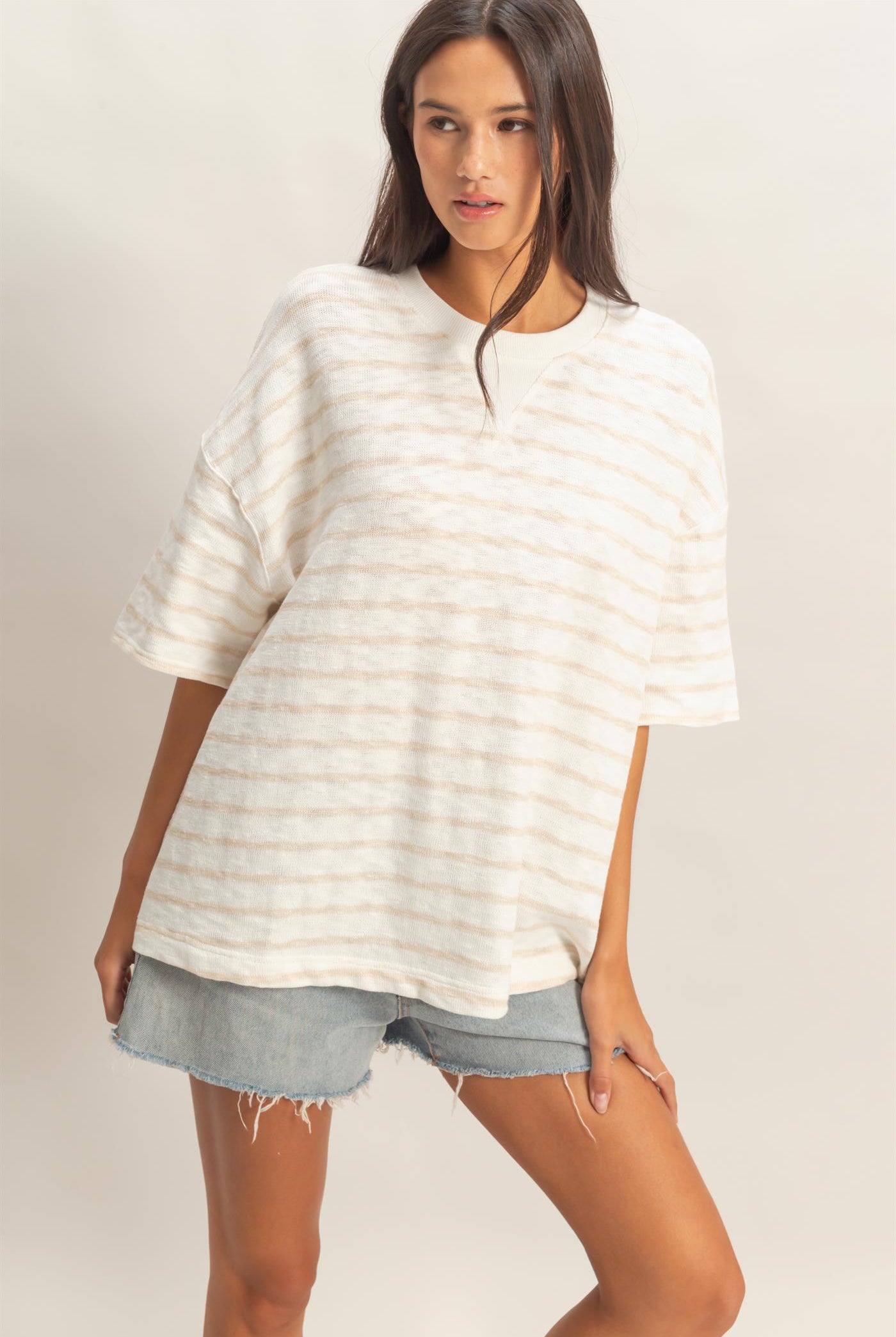 Wholesale Oversized Striped V-Stitch Short Sleeve Top Clothing Tops DZ26A455 TAUPE DOUBLE ZERO