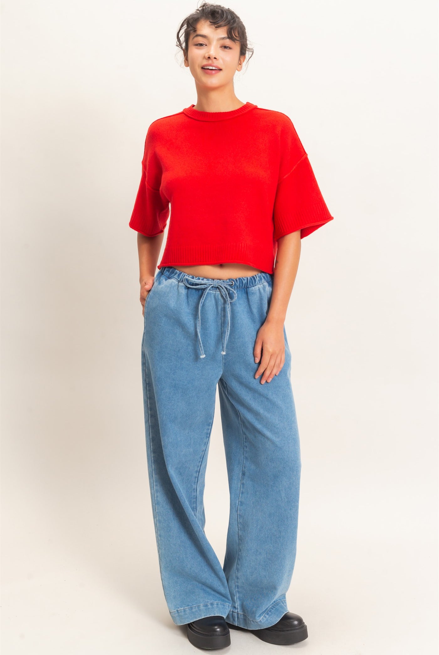Wholesale Elastic Waist Wide Leg Denim Pants Pants DZ26E331 MEDIUM BLUE DOUBLE ZERO