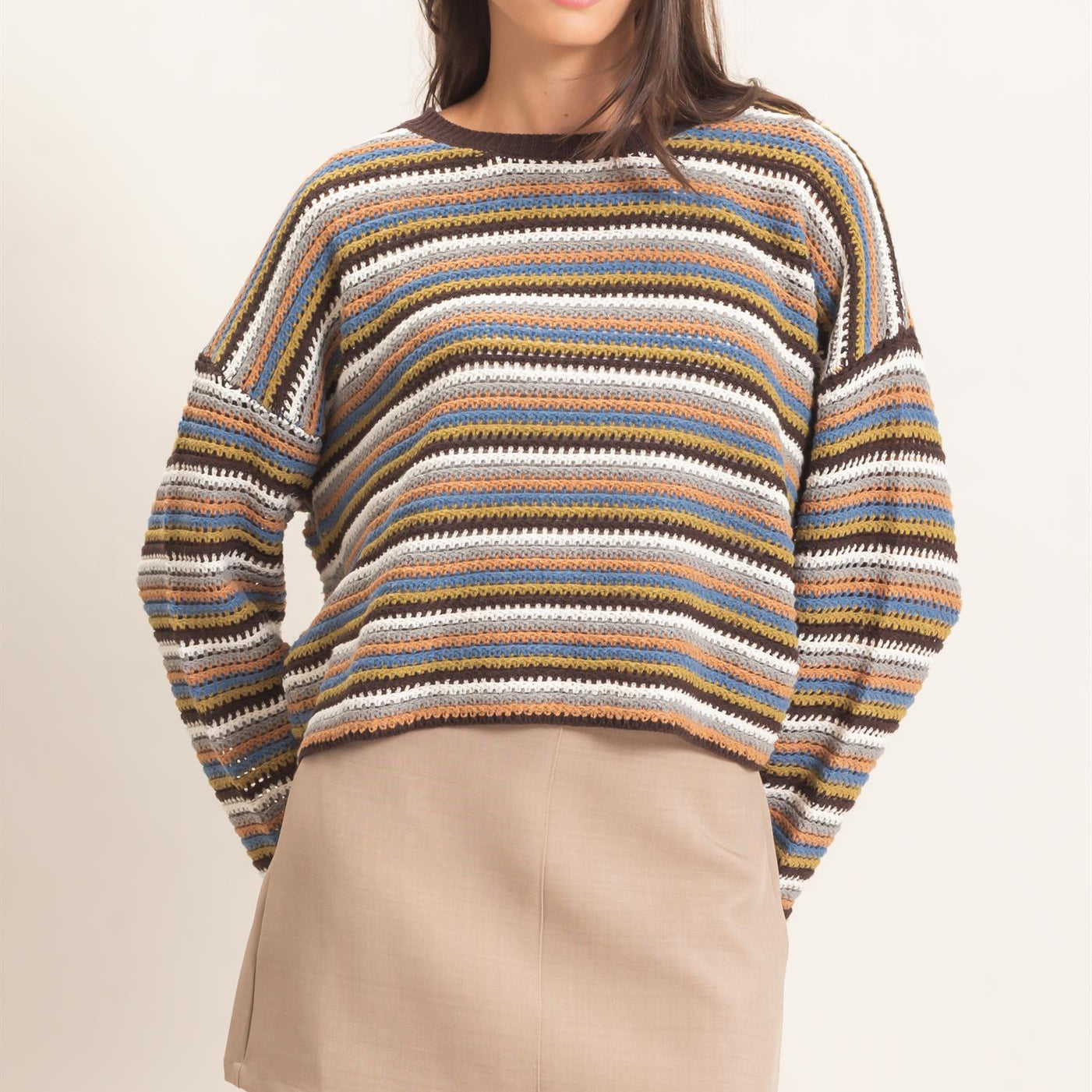 Wholesale Striped Boat Neck Sweater Sweaters HF26E681 BROWN COMBO HYFVE
