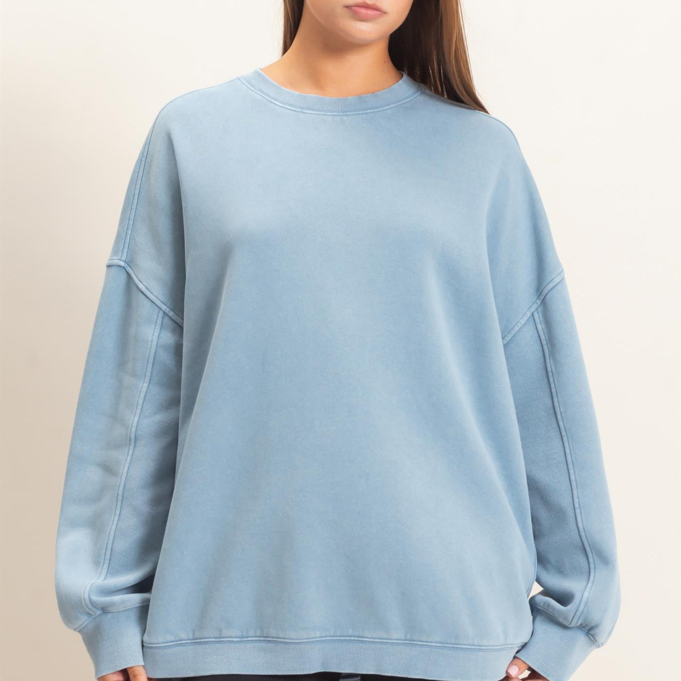 Wholesale Acid Wash Crew Neck Long Sleeve Sweatshirt Sweatshirts DZ26E268 DUSTY BLUE DOUBLE ZERO