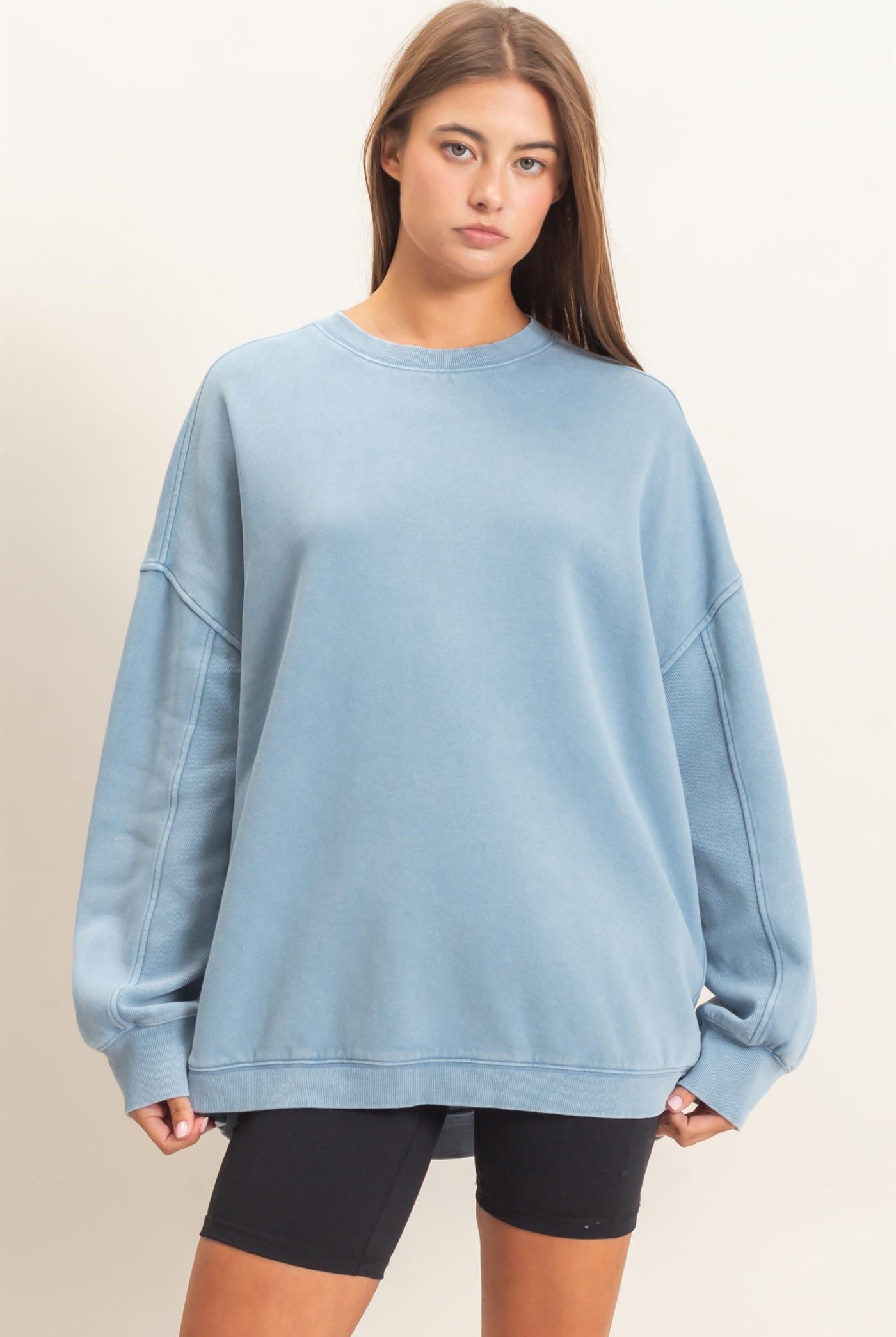 Wholesale Acid Wash Crew Neck Long Sleeve Sweatshirt Sweatshirts DZ26E268 DUSTY BLUE DOUBLE ZERO
