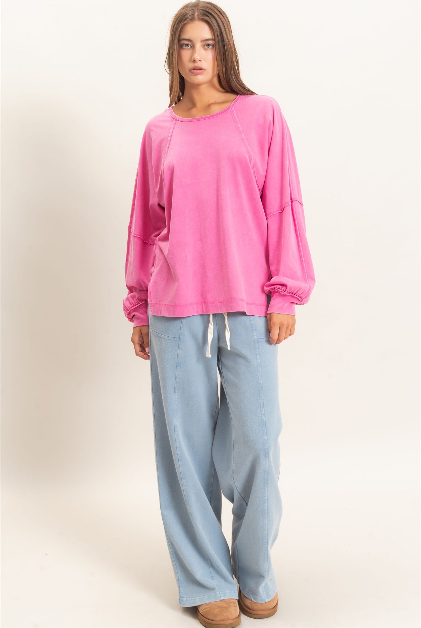 Wholesale Raglan Sleeve Snow Wash Top Shirts DZ26E945 FUCHSIA DOUBLE ZERO